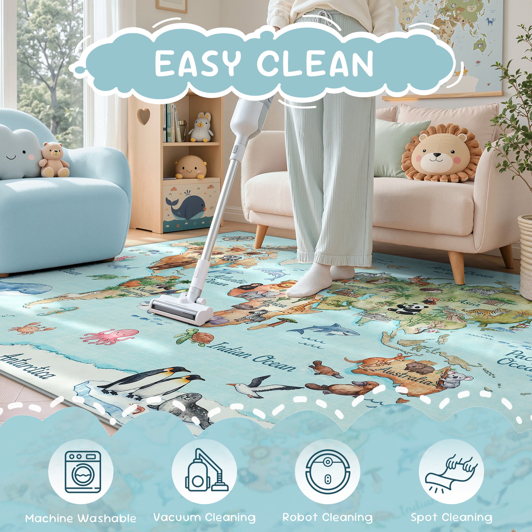 Kids Playroom Rug, Blue Washable World Map Rug – Soft Non-Slip Animal Ocean Play Mat