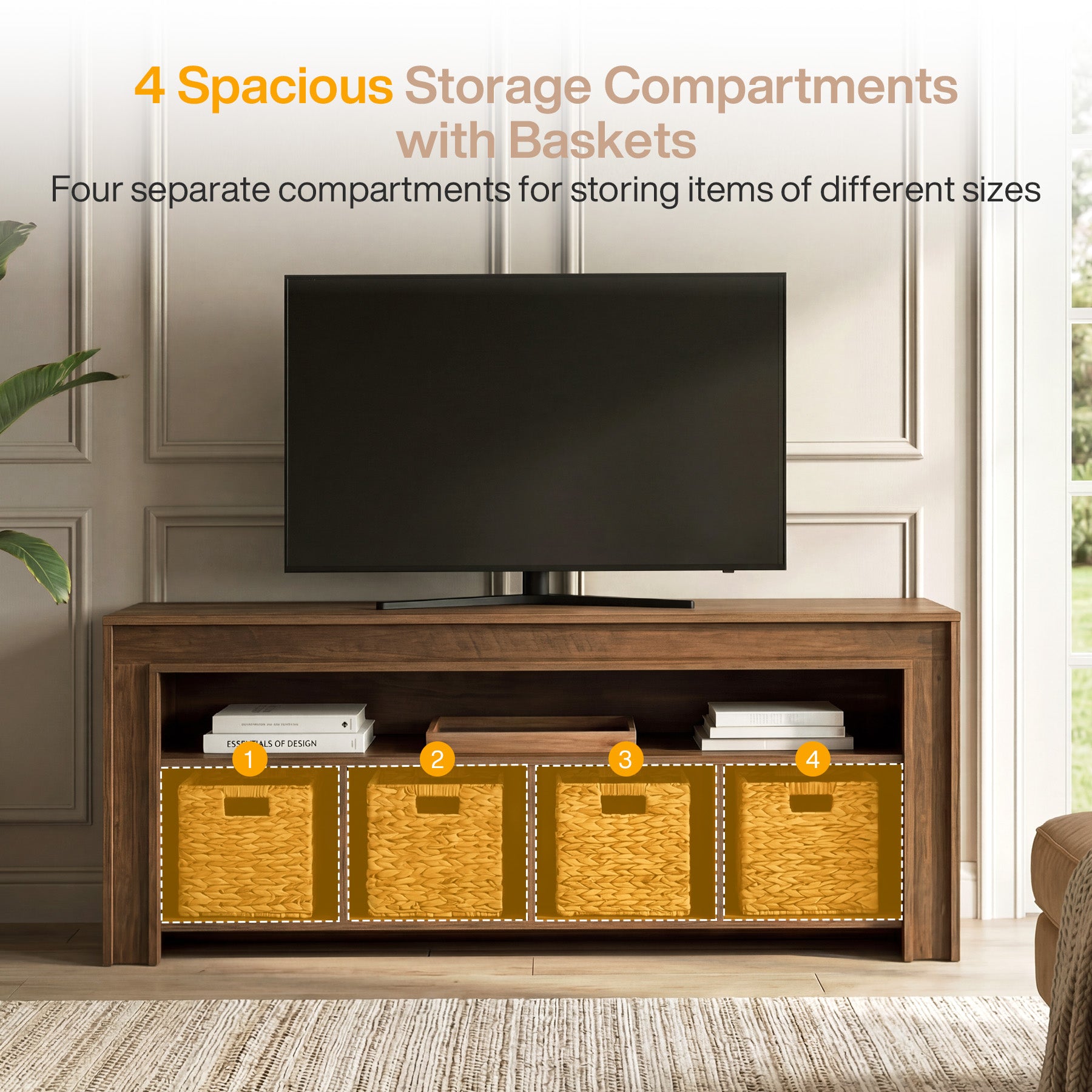 63" Farmhouse TV Stand for 55–70 Inch TVs, Media Console with Baskets & Open Storage