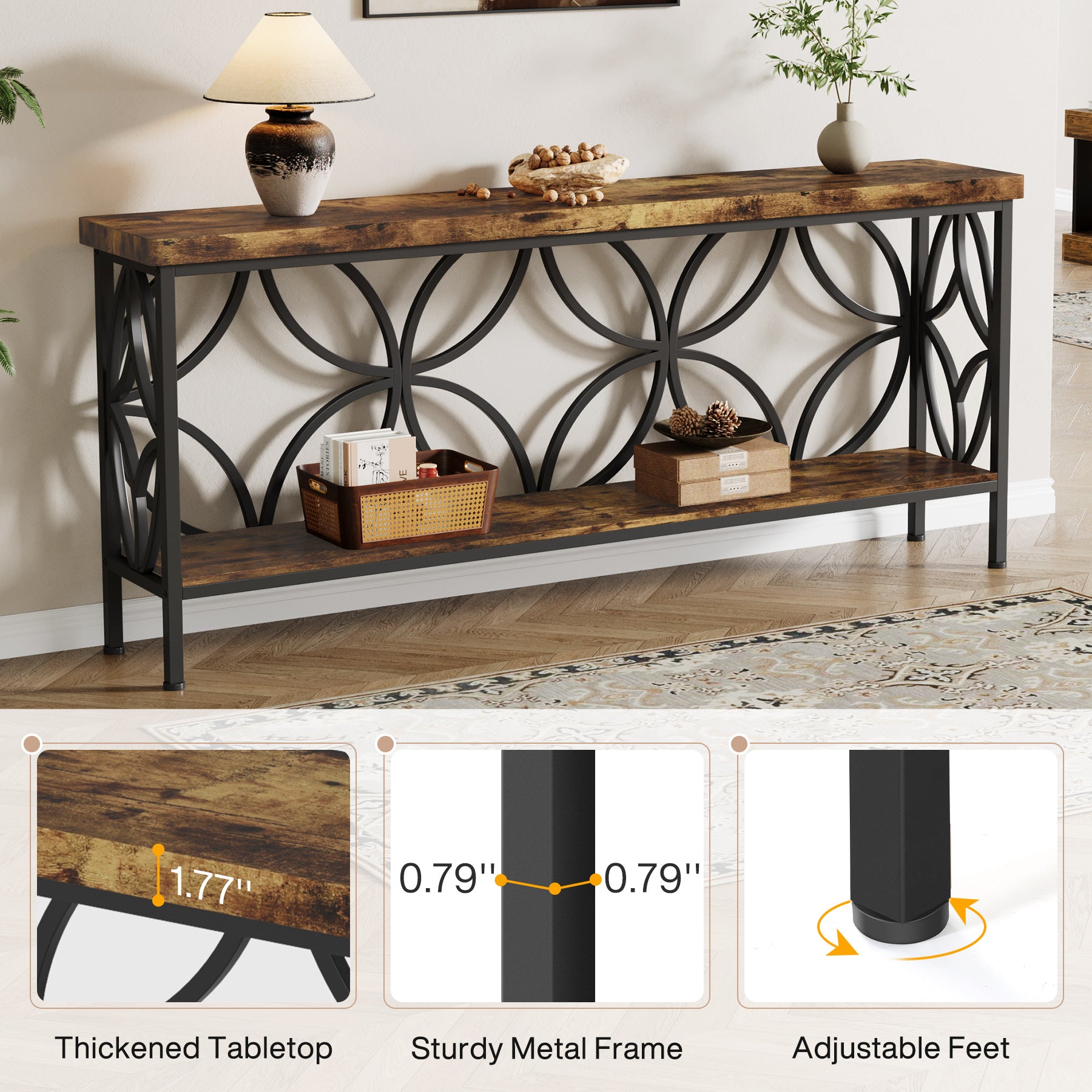 70.9" Sofa Table, 2-Tier Industrial Console Table Behind Couch