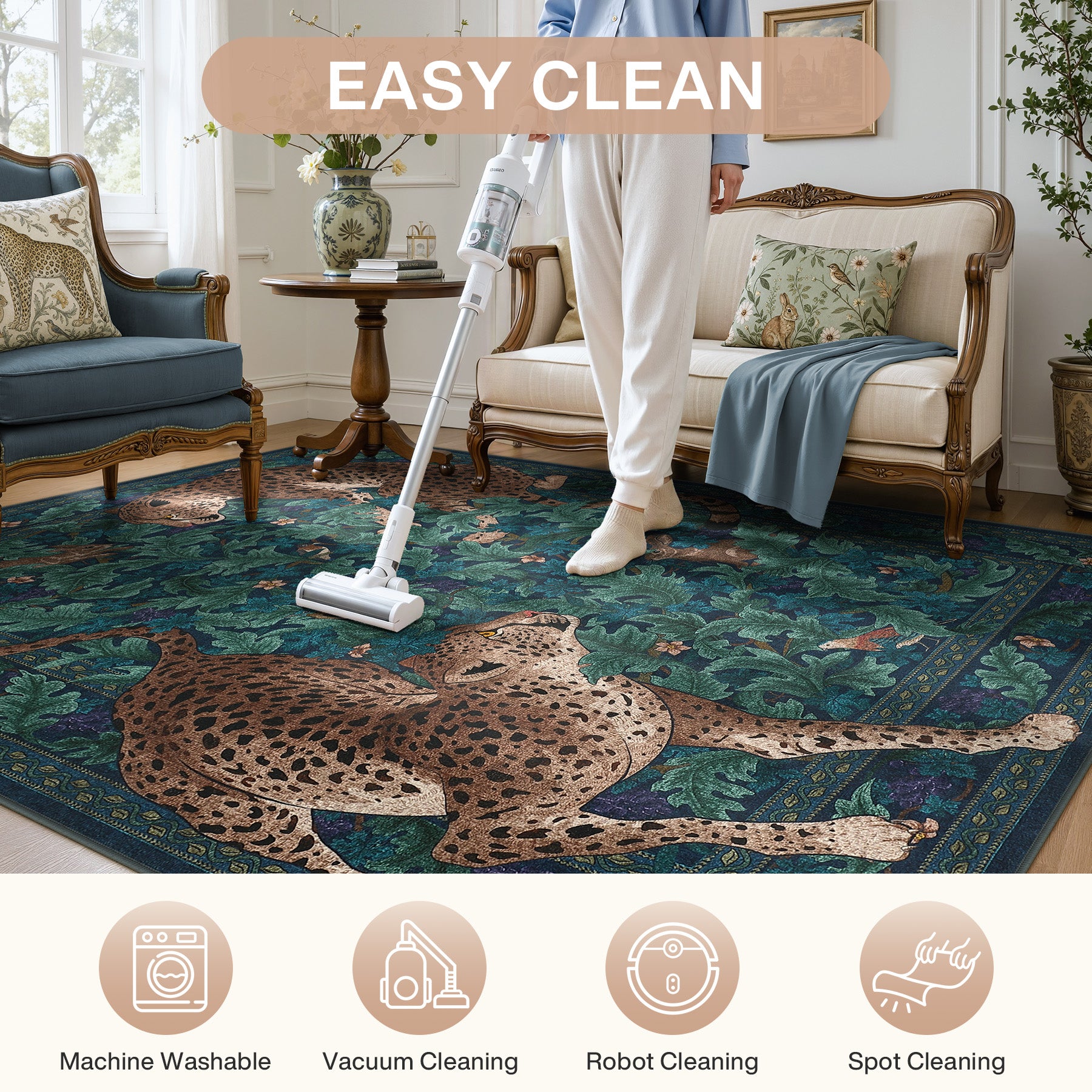 Morris Jungle Leopard Print Rug, Non Slip Washable Area Rug for Living Room, Bedroom