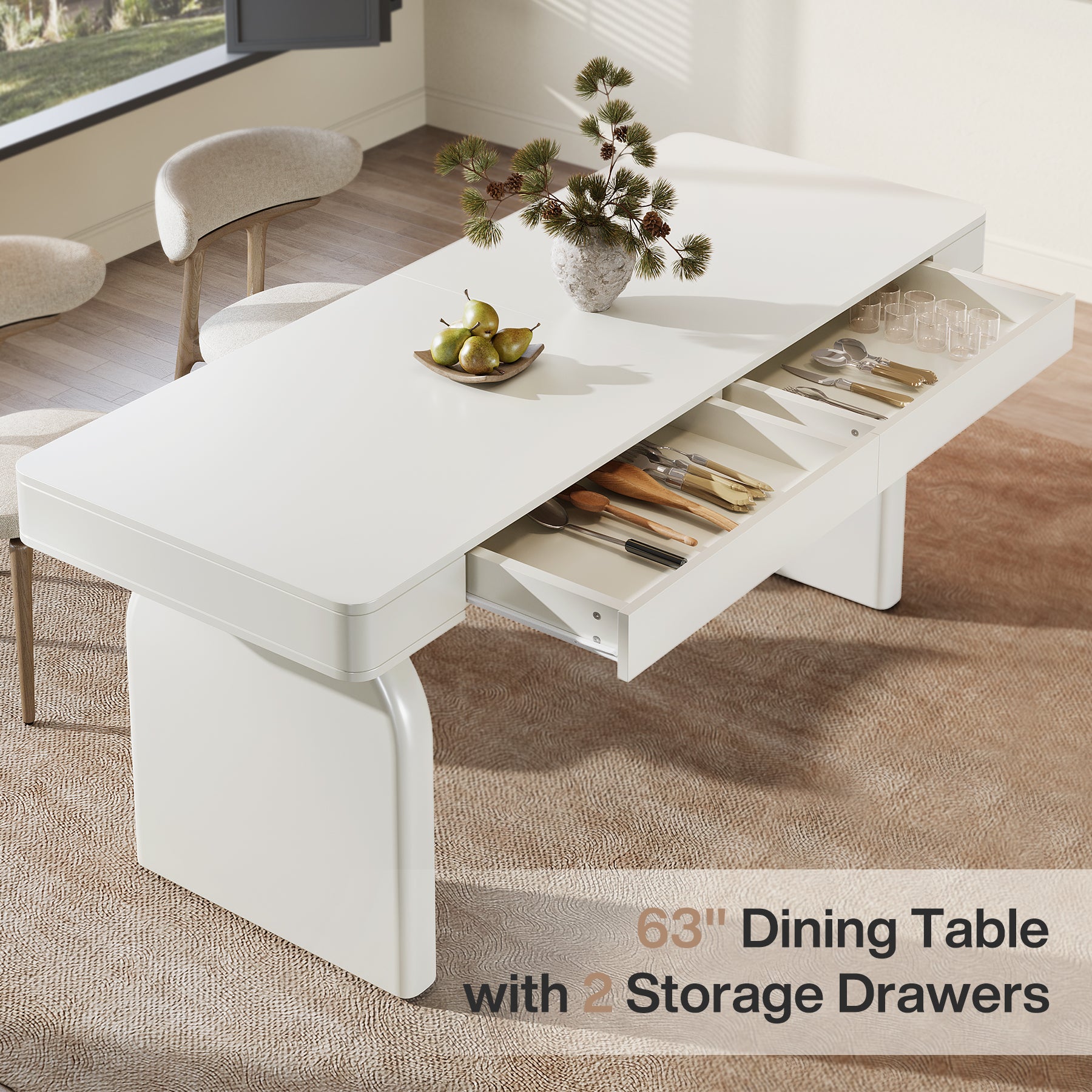 63" Dining Table, Rectangular Kitchen Table with 2 Drawers for 4-6 People