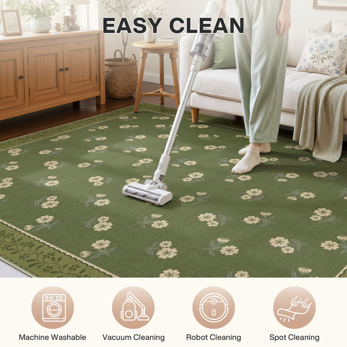 Farmhouse Floral Easy Jute Rug Washable Indoor Outdoor Low-Pile Area Rug