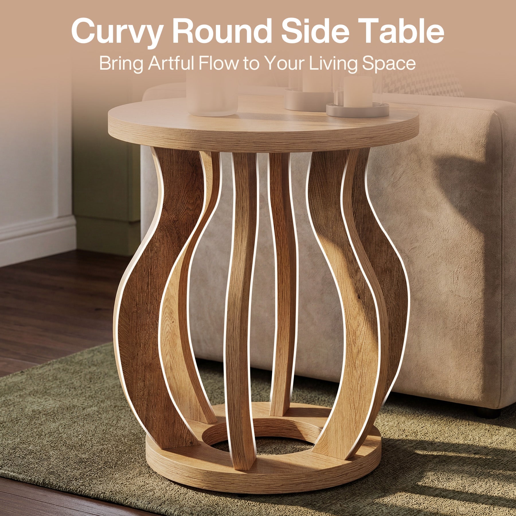 Tribesigns 19.69" Round Side Table, Curved Wooden Nightstand for Small Spaces