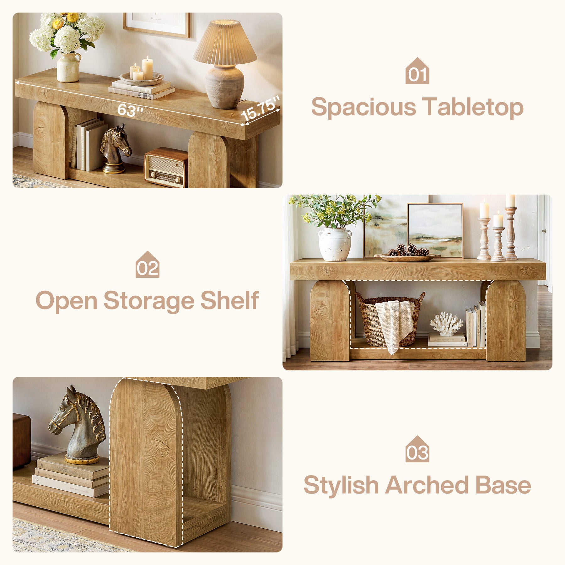 63" Farmhouse Console Table with 2-Tier Storage, Wooden Entryway Sofa Table for Hallway & Living Room