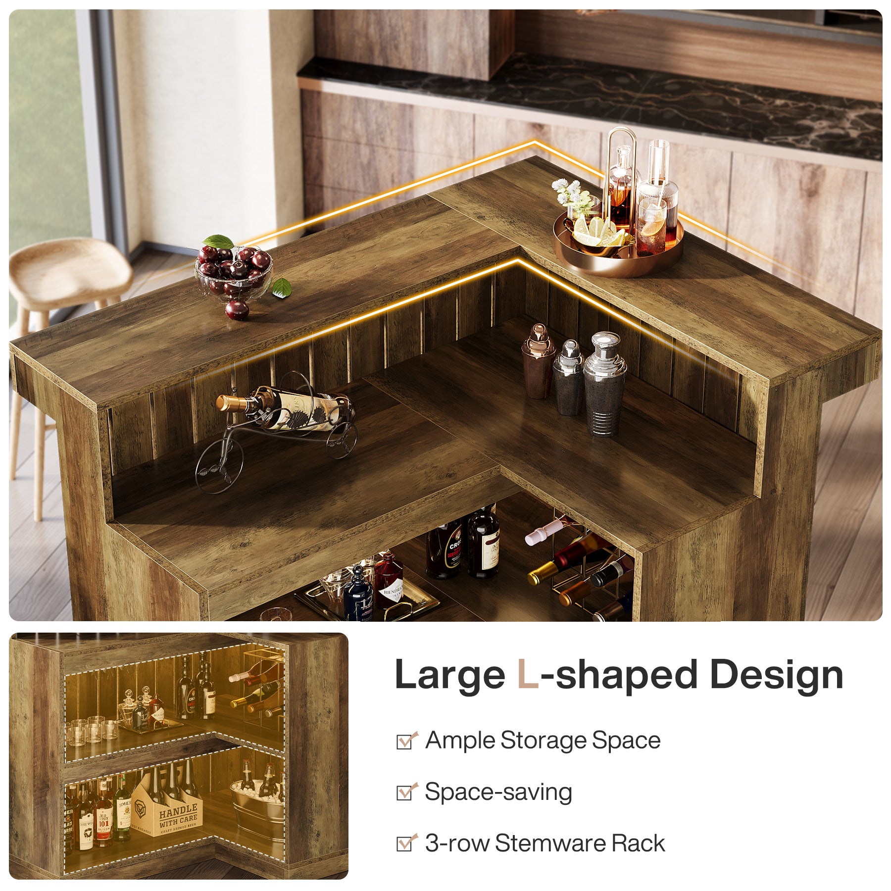 L-Shaped Bar Unit, 4-Tier Corner Liquor Bar Table with Storage Shelves