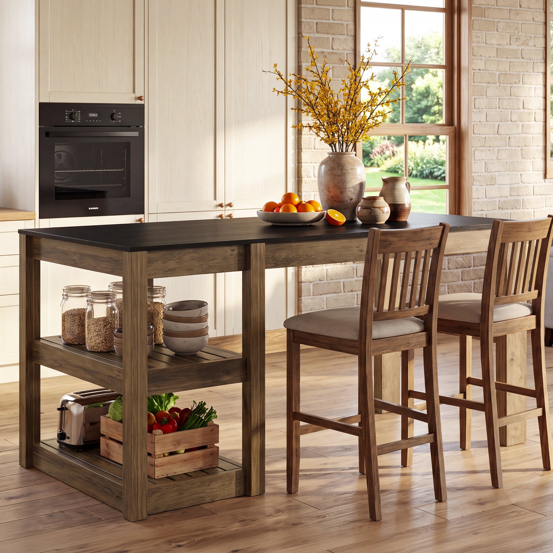 55" Kitchen Island Table, 2-Tier Storage Shelves for Dining Room