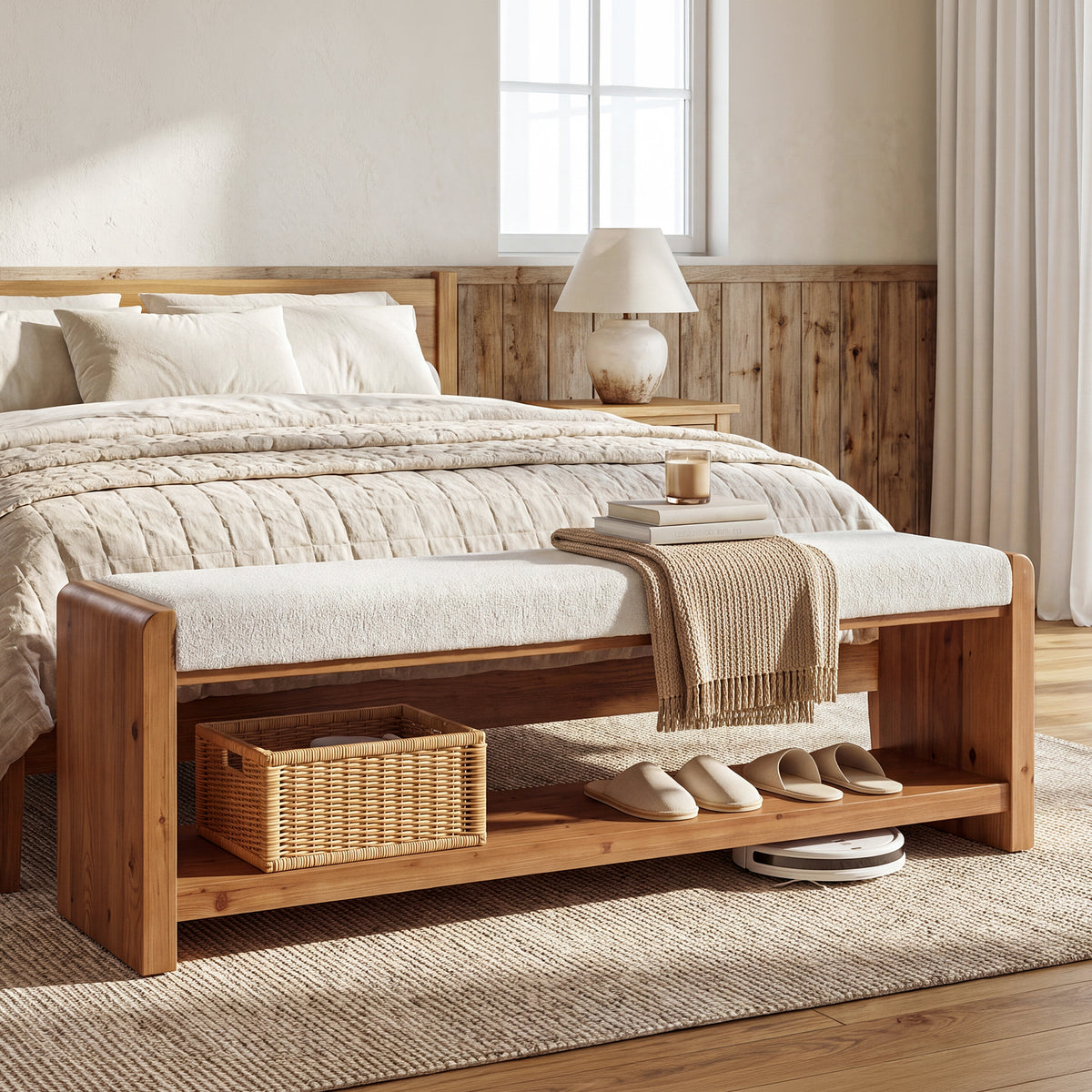 63" Solid Wood Bench with Cushion, 2-Tier Upholstered Entryway Bench for Living Room
