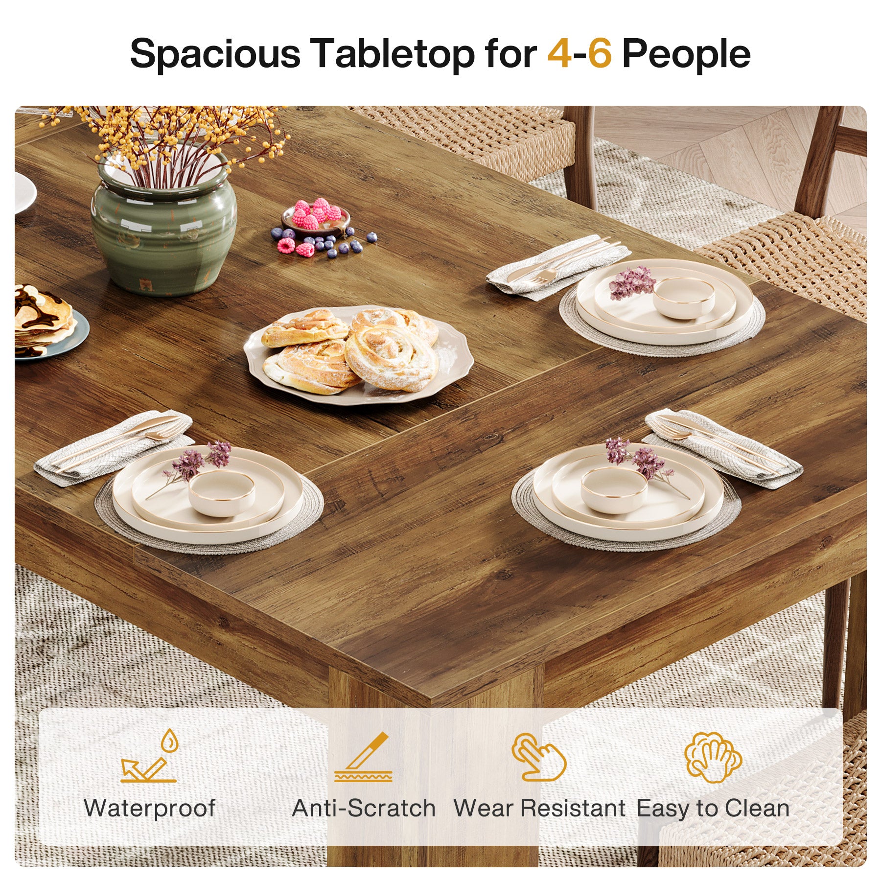 63" Dining Table, Farmhouse Kitchen Dinner Table for 4-6 People