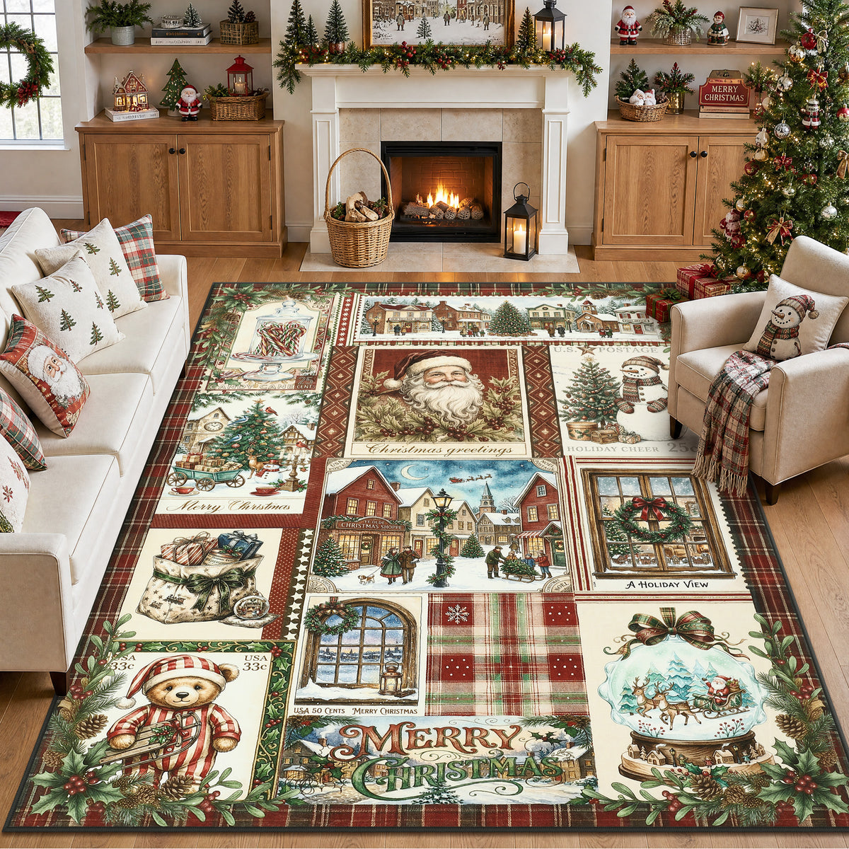 Christmas Vintage Runner Rug, Washable Non-Slip Holiday Kitchen Mat