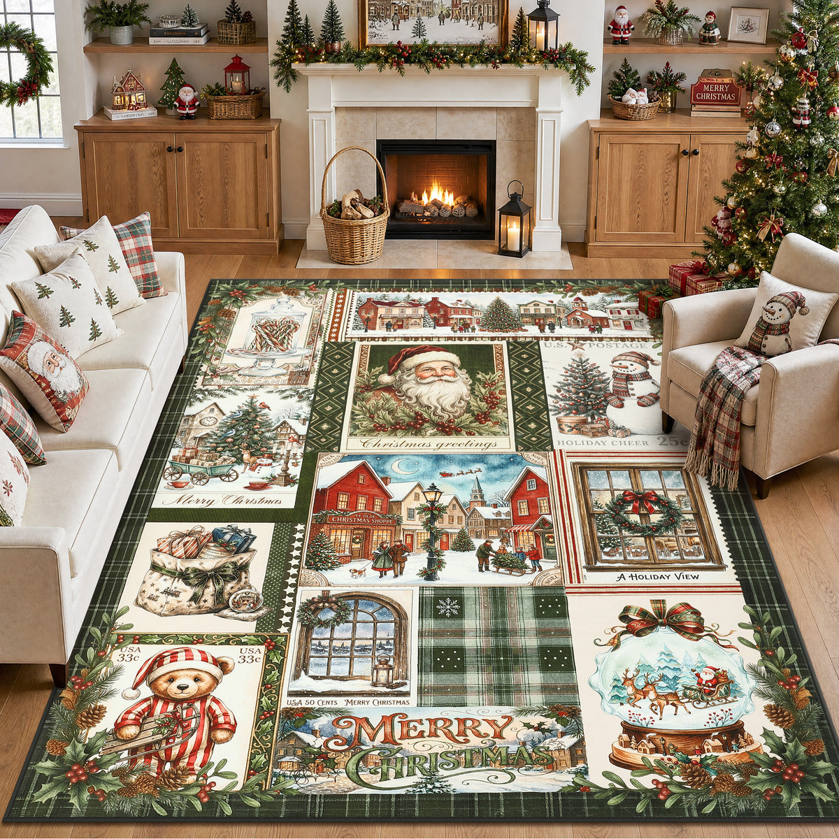 Christmas Vintage Runner Rug, Washable Non-Slip Holiday Kitchen Mat