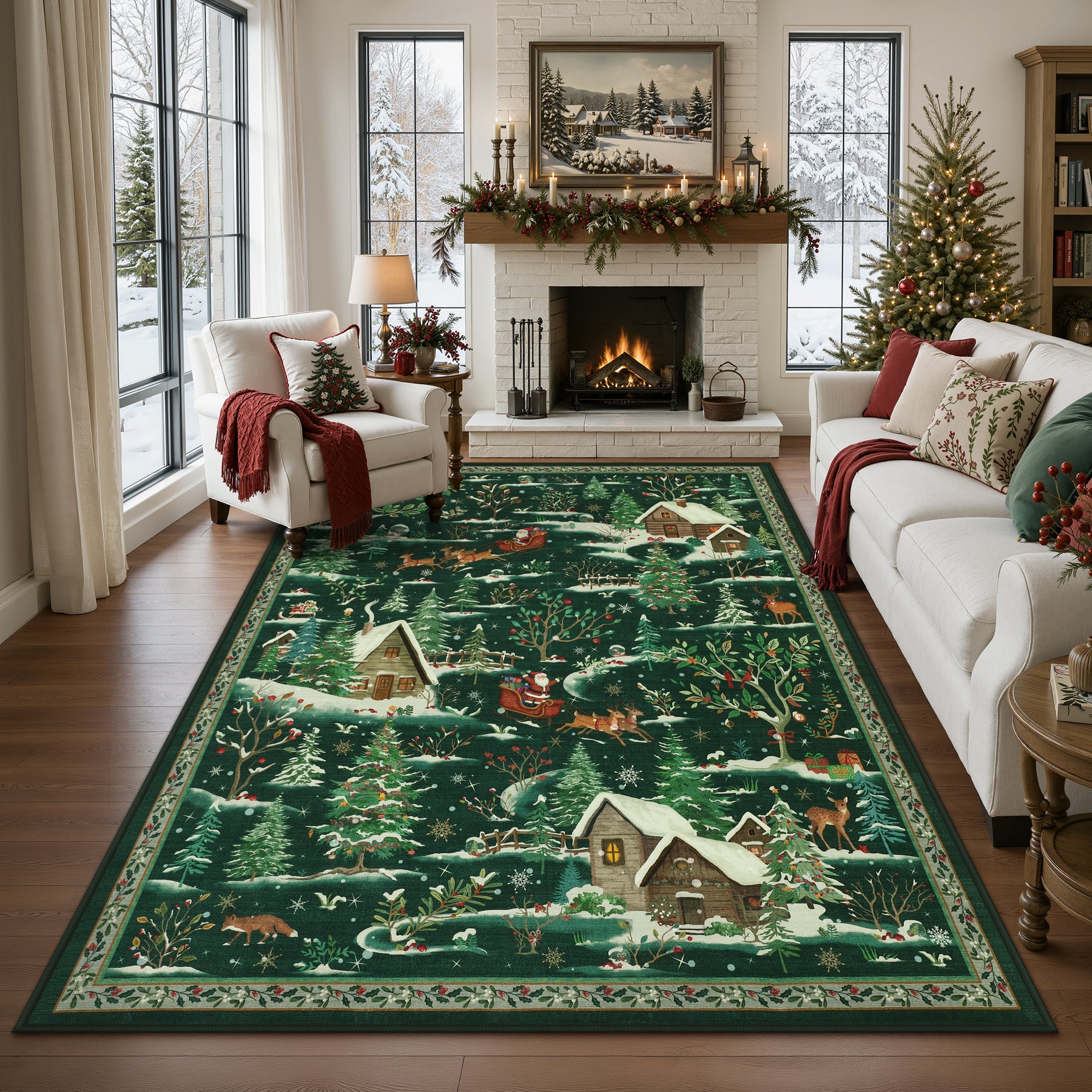 Christmas Snow Forest Washable Area Rug, Soft Holiday Scene Non-Slip Indoor Rug for Living Room Bedroom, Oeko-Tex Certified