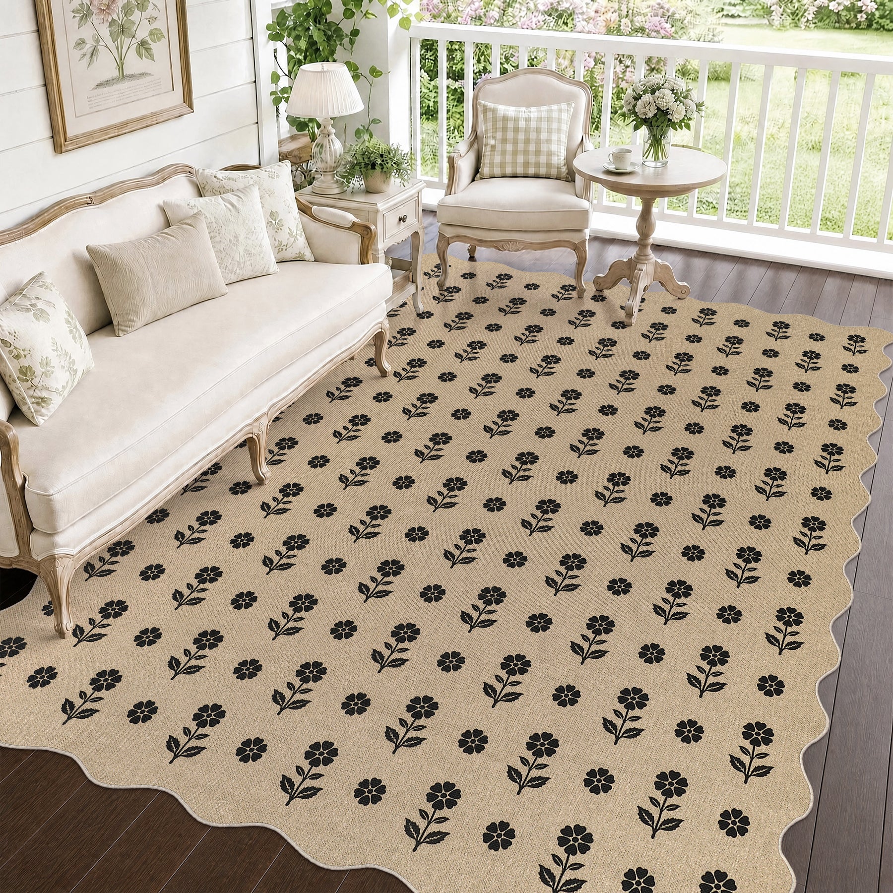 2x6/3x5 Floral Easy Jute Hallway Runner Rug, Scalloped Kitchen Runner Rug Non Skid Washable Indoor Carpet, Oeko-Tex Certified