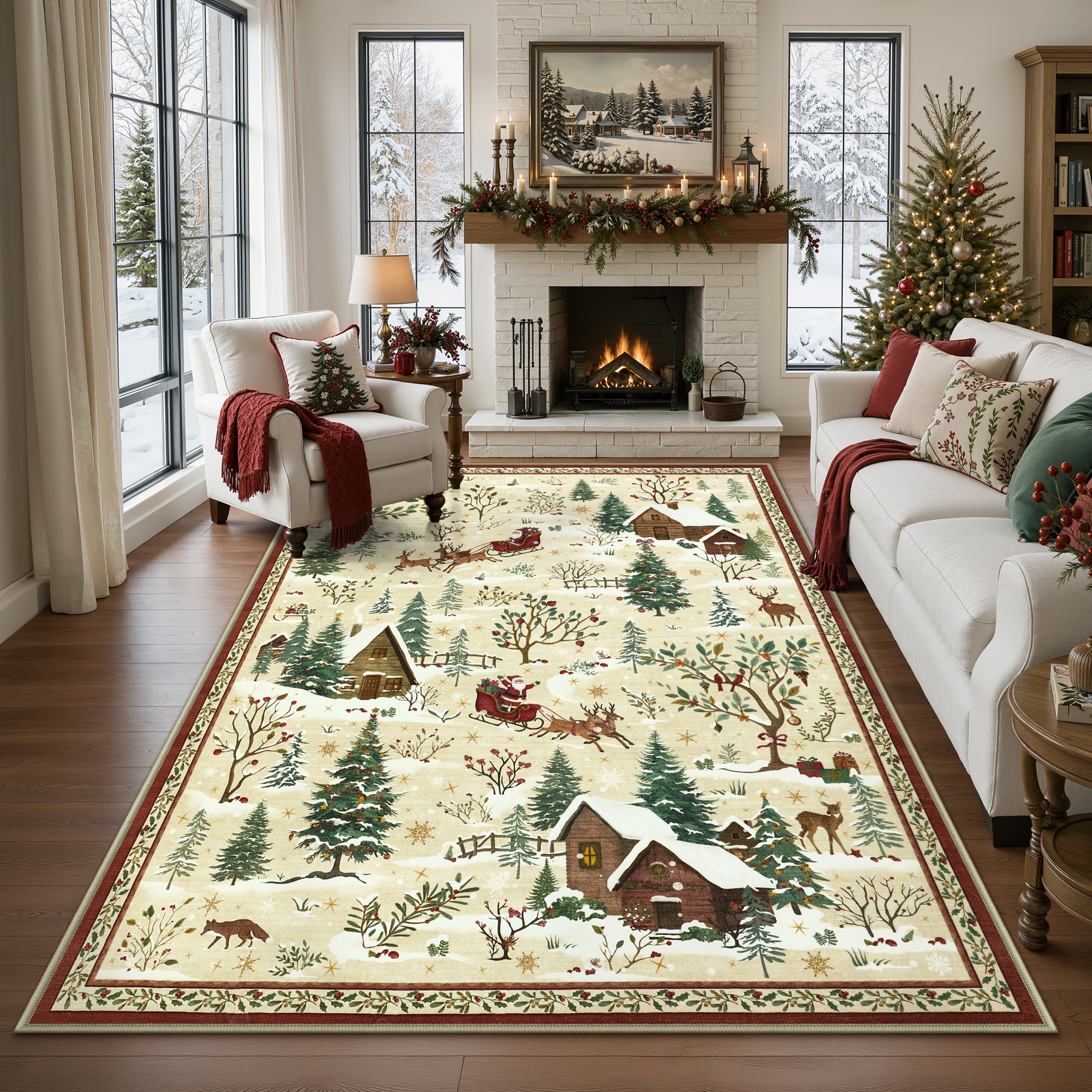 Christmas Snow Forest Washable Area Rug, Soft Holiday Scene Non-Slip Indoor Rug for Living Room Bedroom, Oeko-Tex Certified