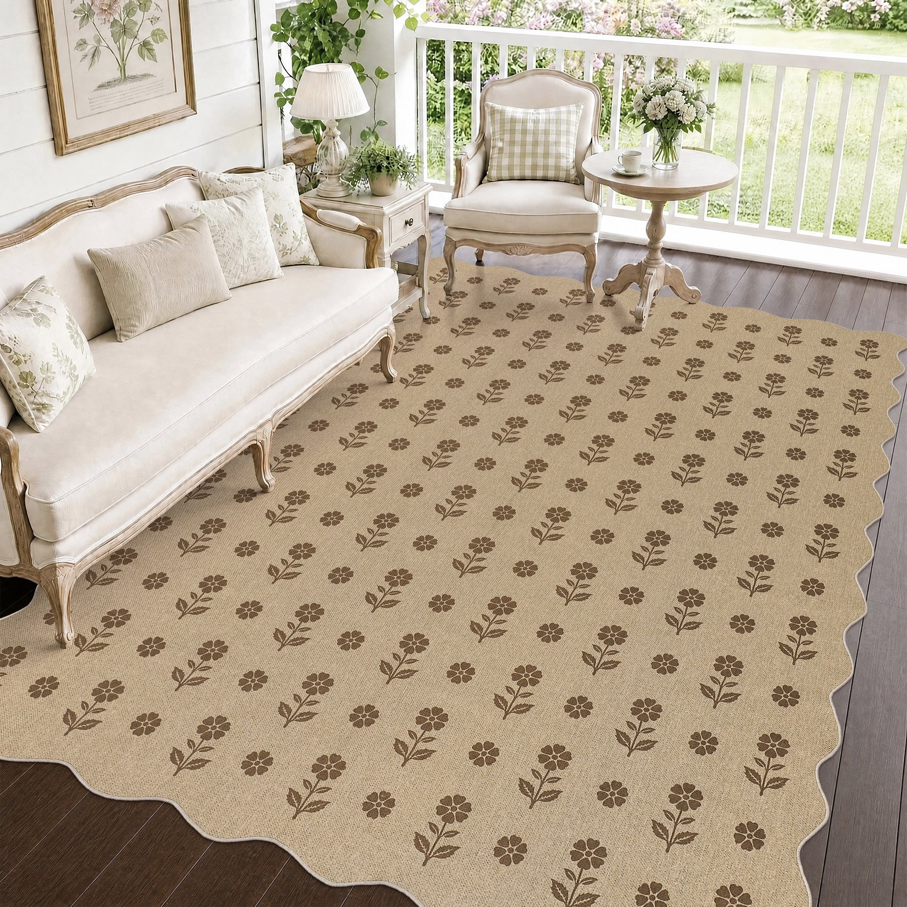 2x6/3x5 Floral Easy Jute Hallway Runner Rug, Scalloped Kitchen Runner Rug Non Skid Washable Indoor Carpet, Oeko-Tex Certified