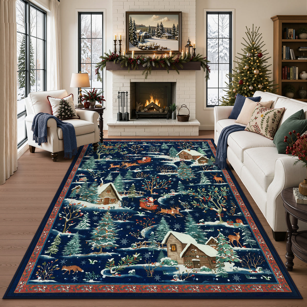 Christmas Snow Forest Washable Area Rug, Soft Holiday Scene Non-Slip Indoor Rug for Living Room Bedroom, Oeko-Tex Certified