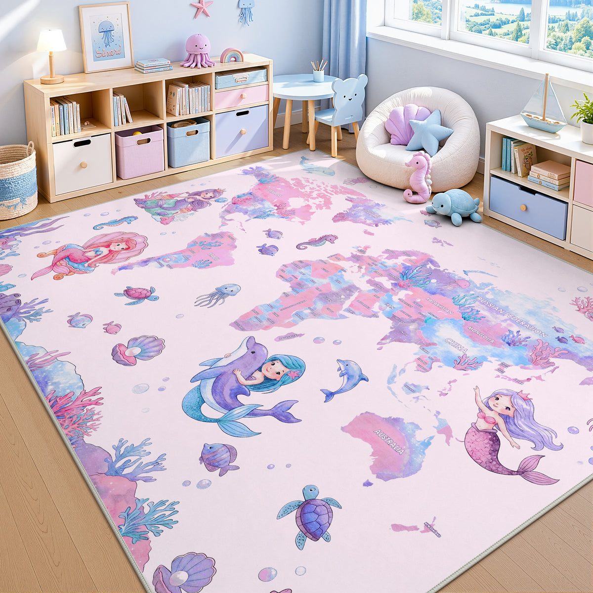 Soft Non‑Slip Low‑Pile, Cute Mermaid Ocean Animal Play Mat for Nursery Girls’ Bedroom Living Room