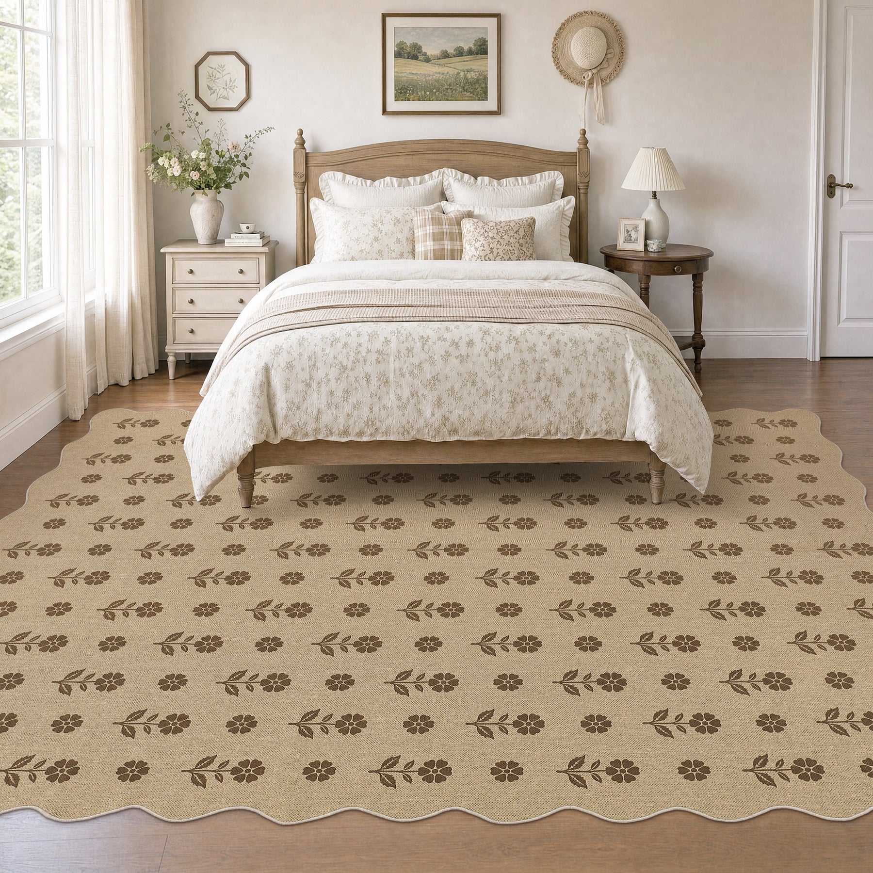 2x6/3x5 Floral Easy Jute Hallway Runner Rug, Scalloped Kitchen Runner Rug Non Skid Washable Indoor Carpet, Oeko-Tex Certified
