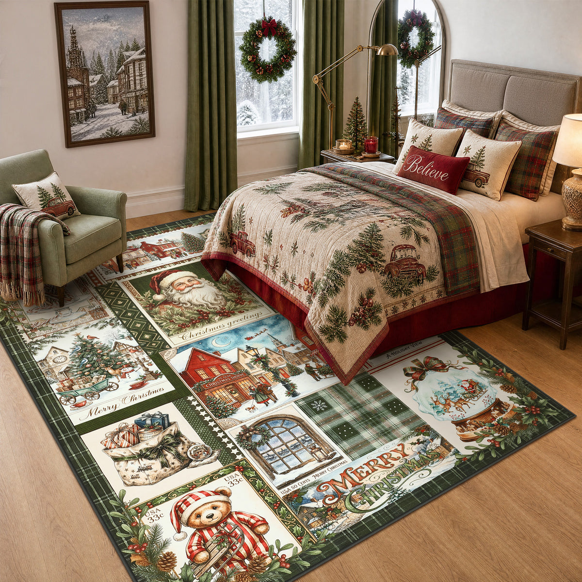 Christmas Vintage Runner Rug, Washable Non-Slip Holiday Kitchen Mat