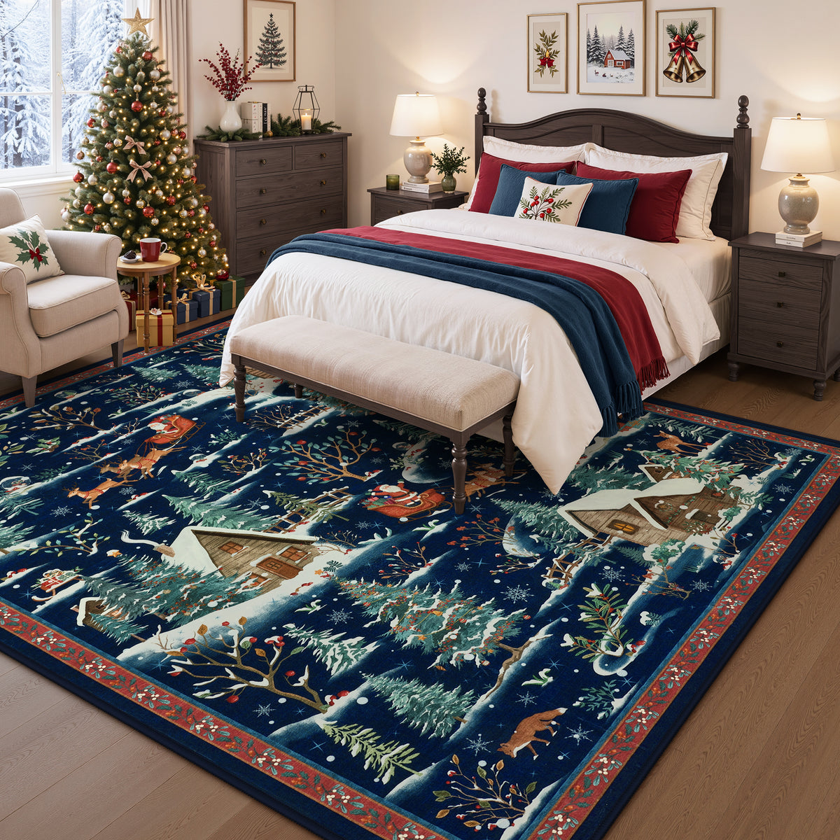 Christmas Snow Forest Washable Area Rug, Soft Holiday Scene Non-Slip Indoor Rug for Living Room Bedroom, Oeko-Tex Certified