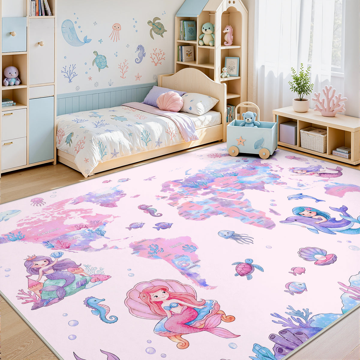 Soft Non‑Slip Low‑Pile, Cute Mermaid Ocean Animal Play Mat for Nursery Girls’ Bedroom Living Room