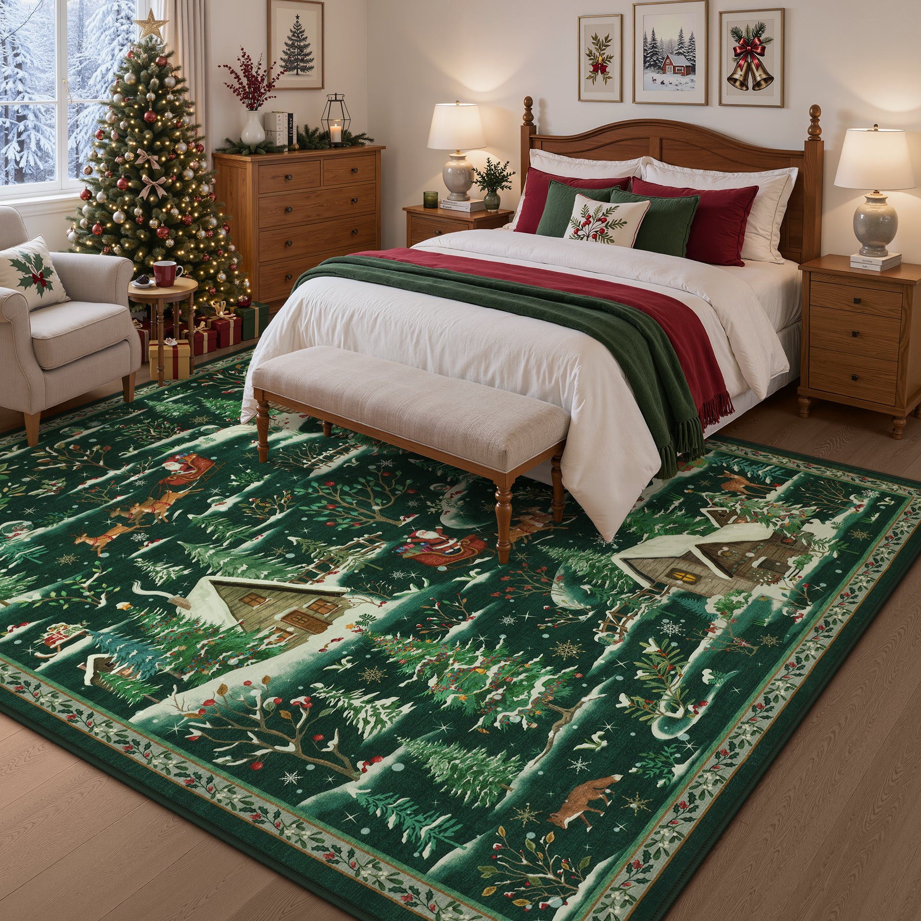 Christmas Snow Forest Washable Area Rug, Soft Holiday Scene Non-Slip Indoor Rug for Living Room Bedroom, Oeko-Tex Certified