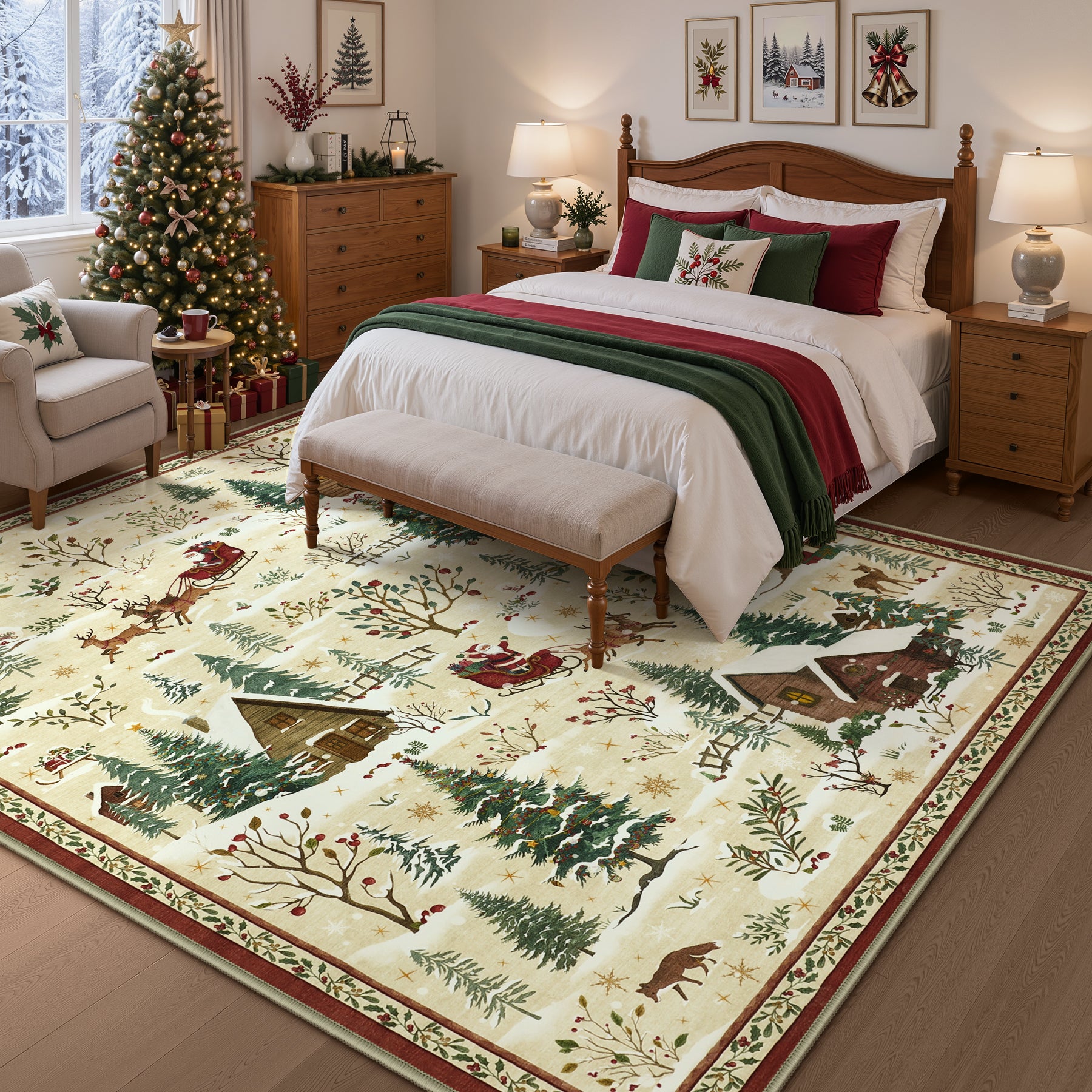 Christmas Snow Forest Washable Area Rug, Soft Holiday Scene Non-Slip Indoor Rug for Living Room Bedroom, Oeko-Tex Certified