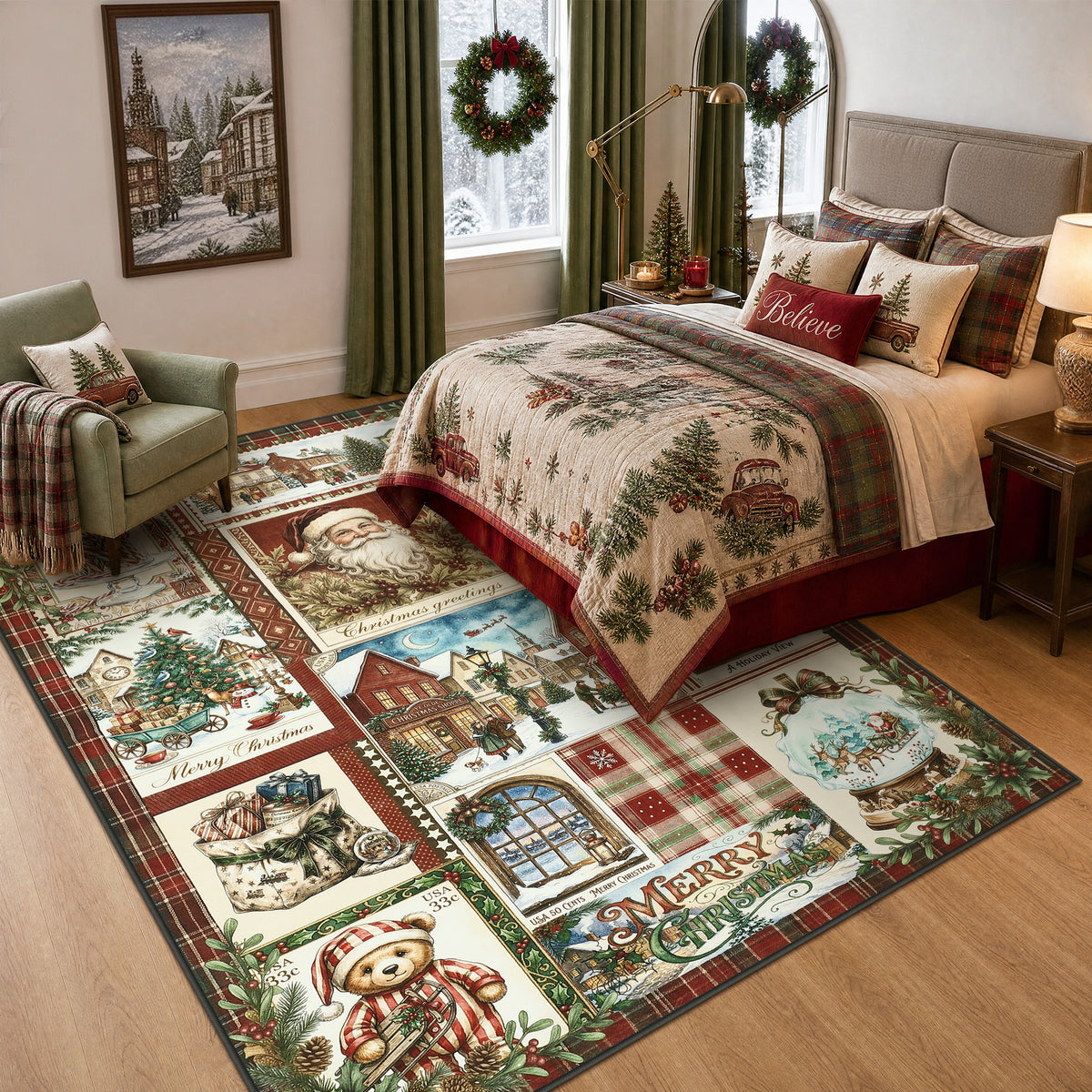 Christmas Vintage Runner Rug, Washable Non-Slip Holiday Kitchen Mat