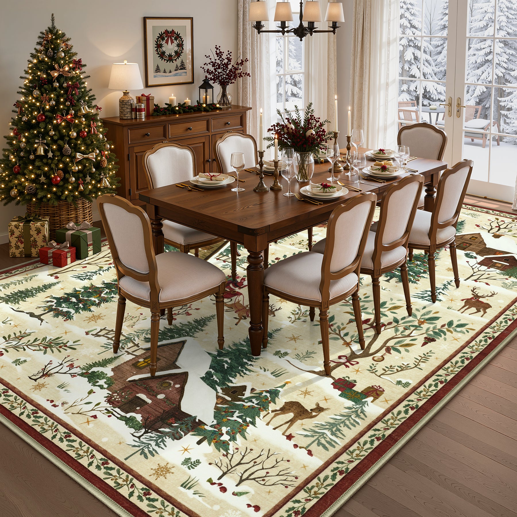 Christmas Snow Forest Washable Area Rug, Soft Holiday Scene Non-Slip Indoor Rug for Living Room Bedroom, Oeko-Tex Certified