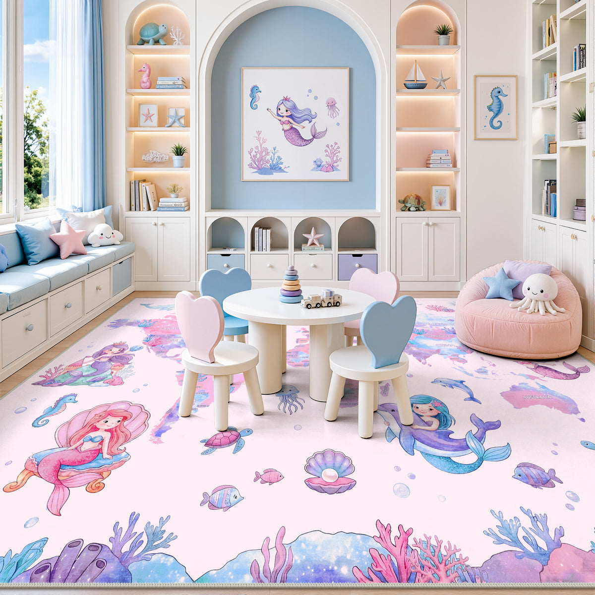 Soft Non‑Slip Low‑Pile, Cute Mermaid Ocean Animal Play Mat for Nursery Girls’ Bedroom Living Room