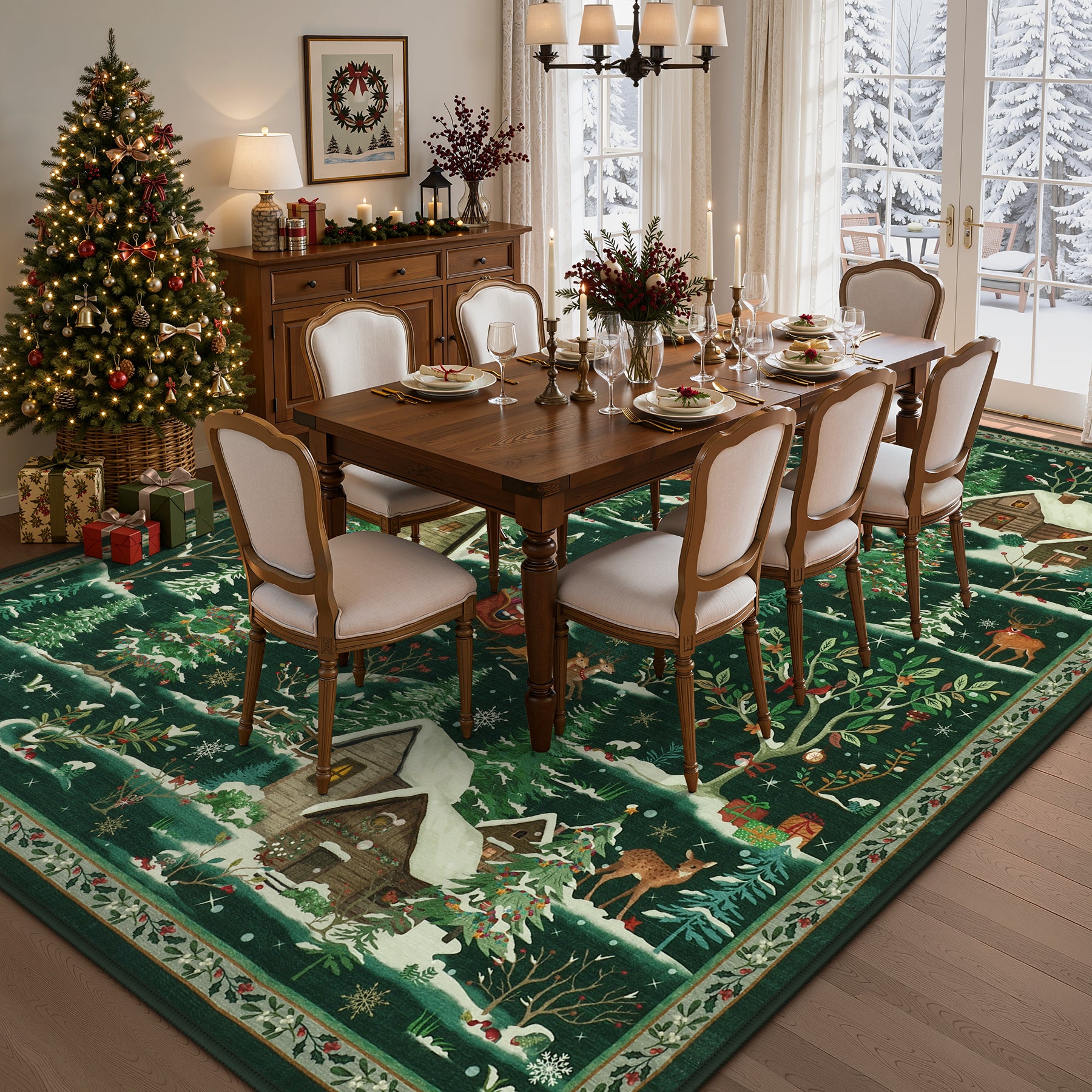 Christmas Snow Forest Washable Area Rug, Soft Holiday Scene Non-Slip Indoor Rug for Living Room Bedroom, Oeko-Tex Certified
