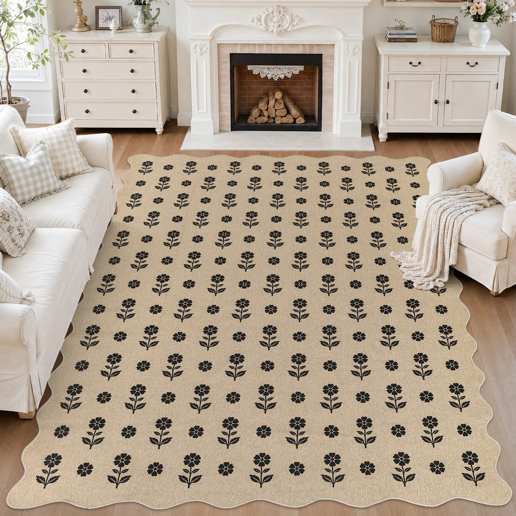 2x6/3x5 Floral Easy Jute Hallway Runner Rug, Scalloped Kitchen Runner Rug Non Skid Washable Indoor Carpet, Oeko-Tex Certified