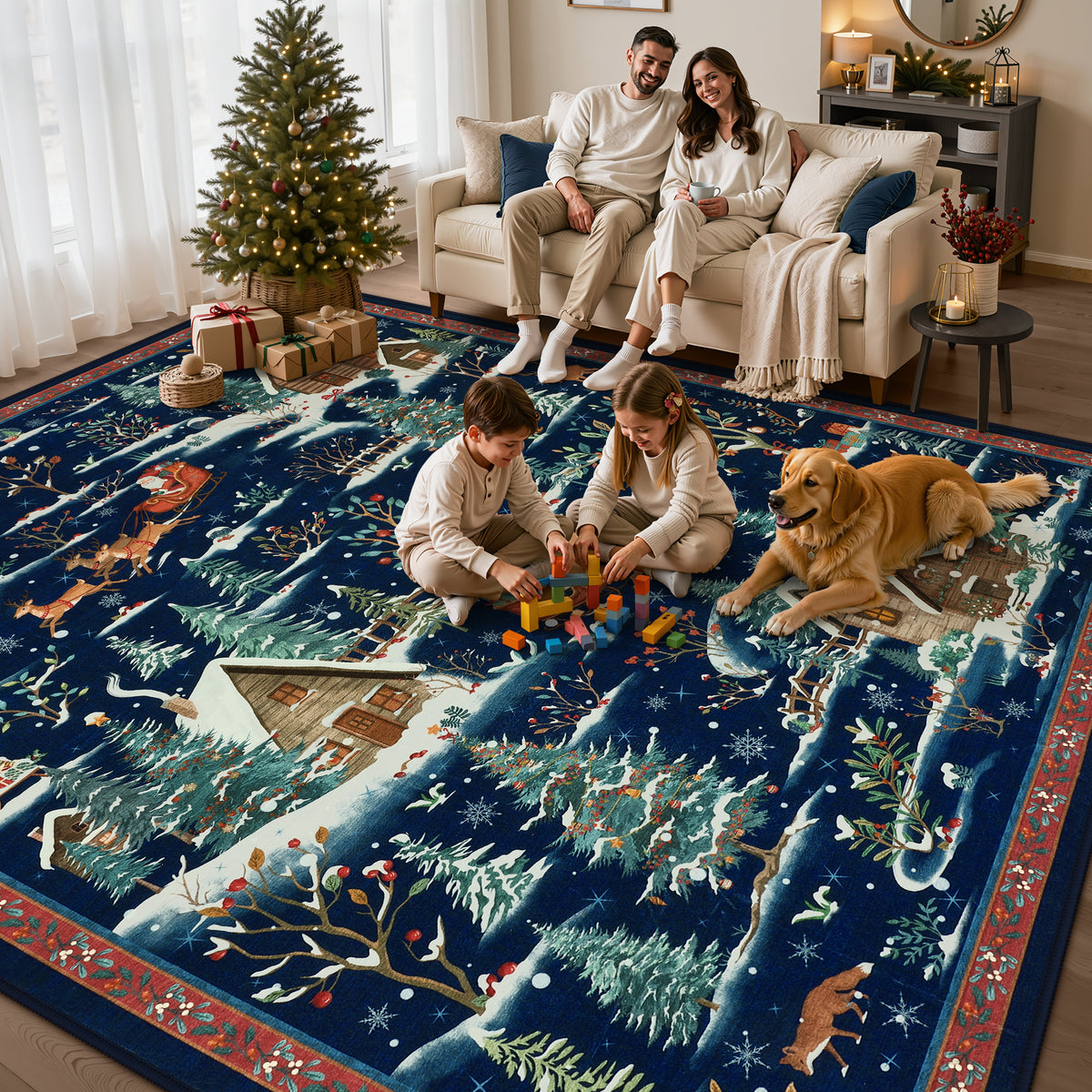 Christmas Snow Forest Washable Area Rug, Soft Holiday Scene Non-Slip Indoor Rug for Living Room Bedroom, Oeko-Tex Certified