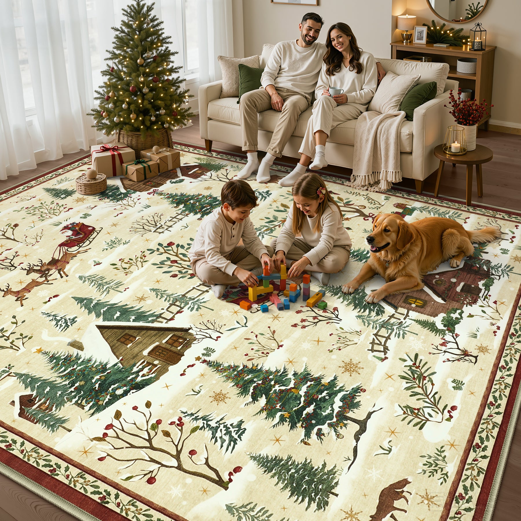 Christmas Snow Forest Washable Area Rug, Soft Holiday Scene Non-Slip Indoor Rug for Living Room Bedroom, Oeko-Tex Certified
