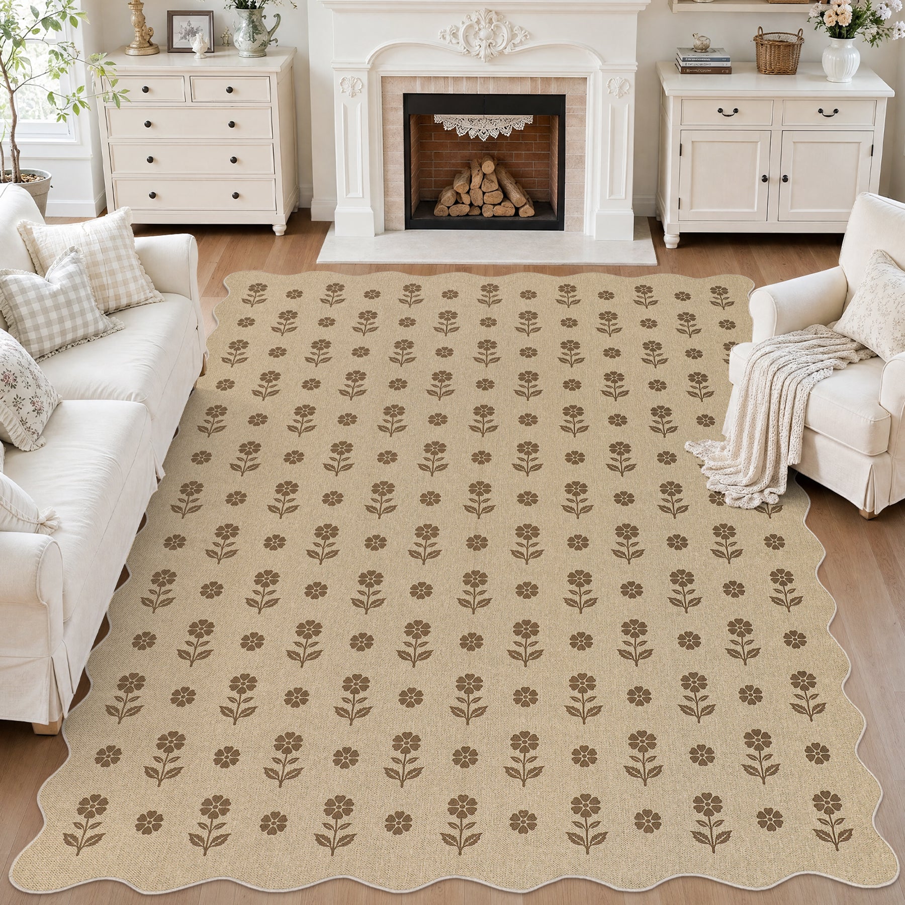 2x6/3x5 Floral Easy Jute Hallway Runner Rug, Scalloped Kitchen Runner Rug Non Skid Washable Indoor Carpet, Oeko-Tex Certified