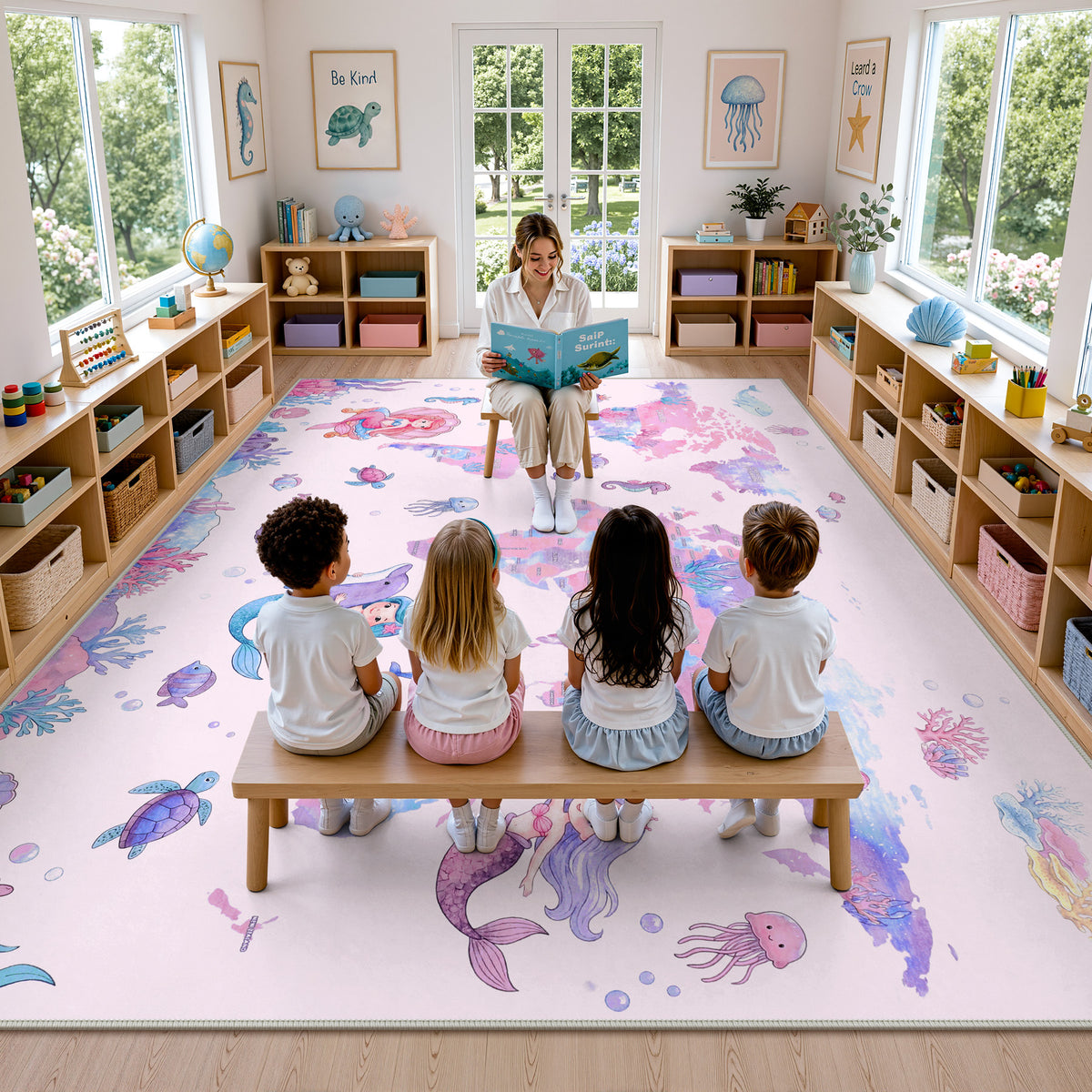 Soft Non‑Slip Low‑Pile, Cute Mermaid Ocean Animal Play Mat for Nursery Girls’ Bedroom Living Room