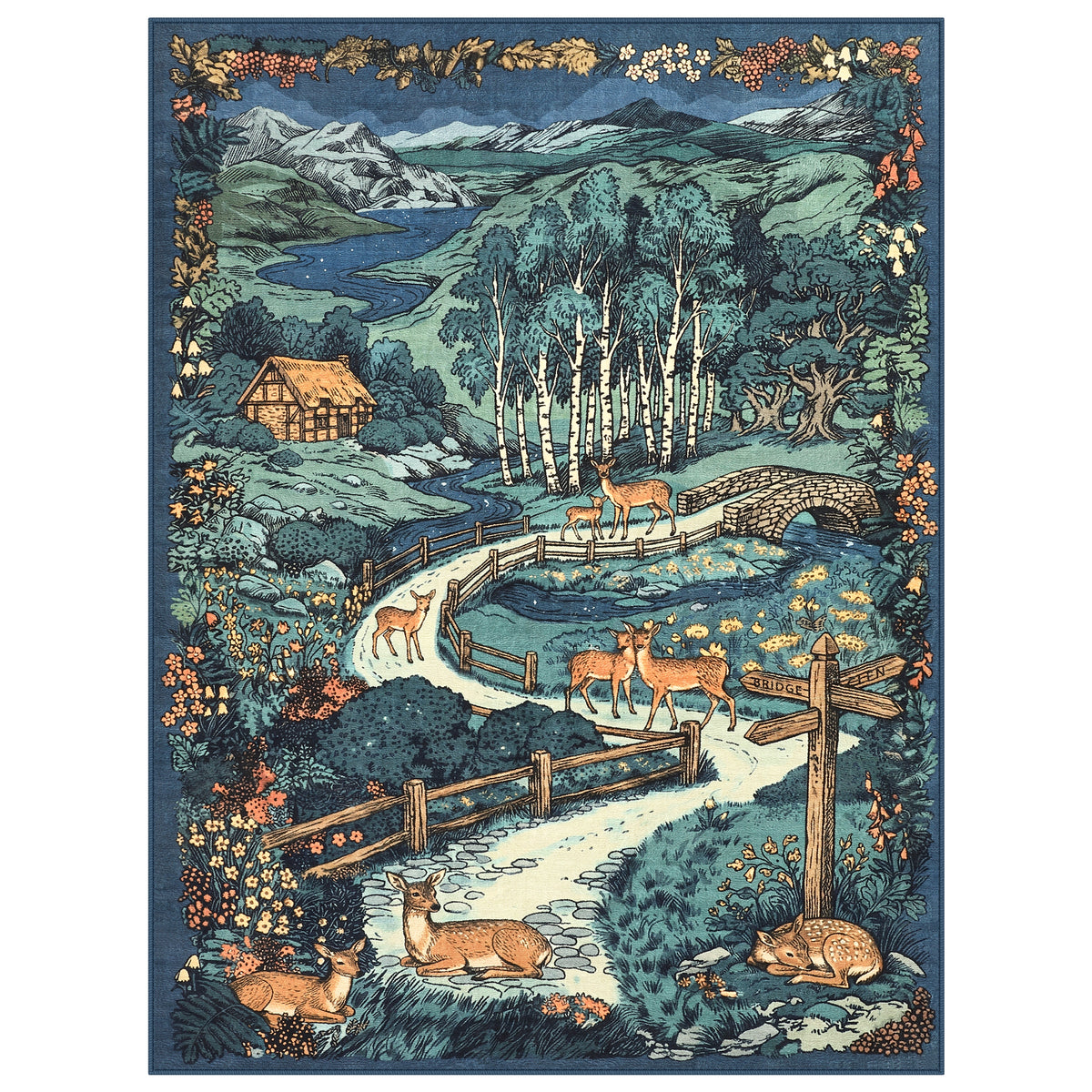 Washable Area Rug, Forest Deer Illustration Print, Non-Slip Soft Low-Pile, Living Room Animal Rug