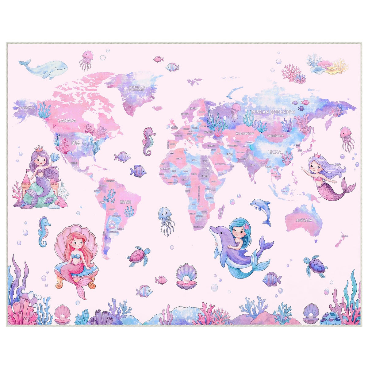 Soft Non‑Slip Low‑Pile, Cute Mermaid Ocean Animal Play Mat for Nursery Girls’ Bedroom Living Room