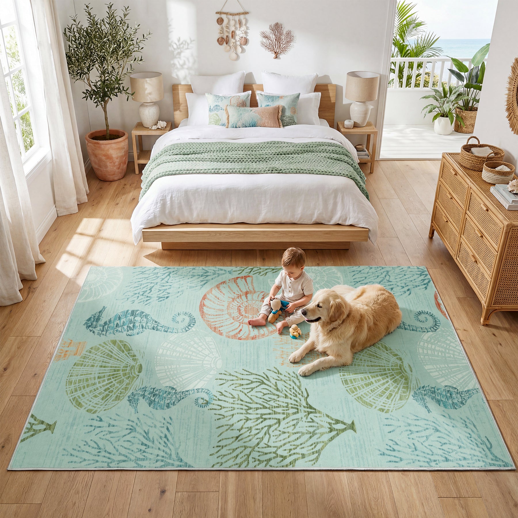 2x6/5x7/8x10 Boho Coastal Area Rug, Washable Non Slip Animal Indoor Carpet for Living room Bedroom, Oeko-Tex Certified