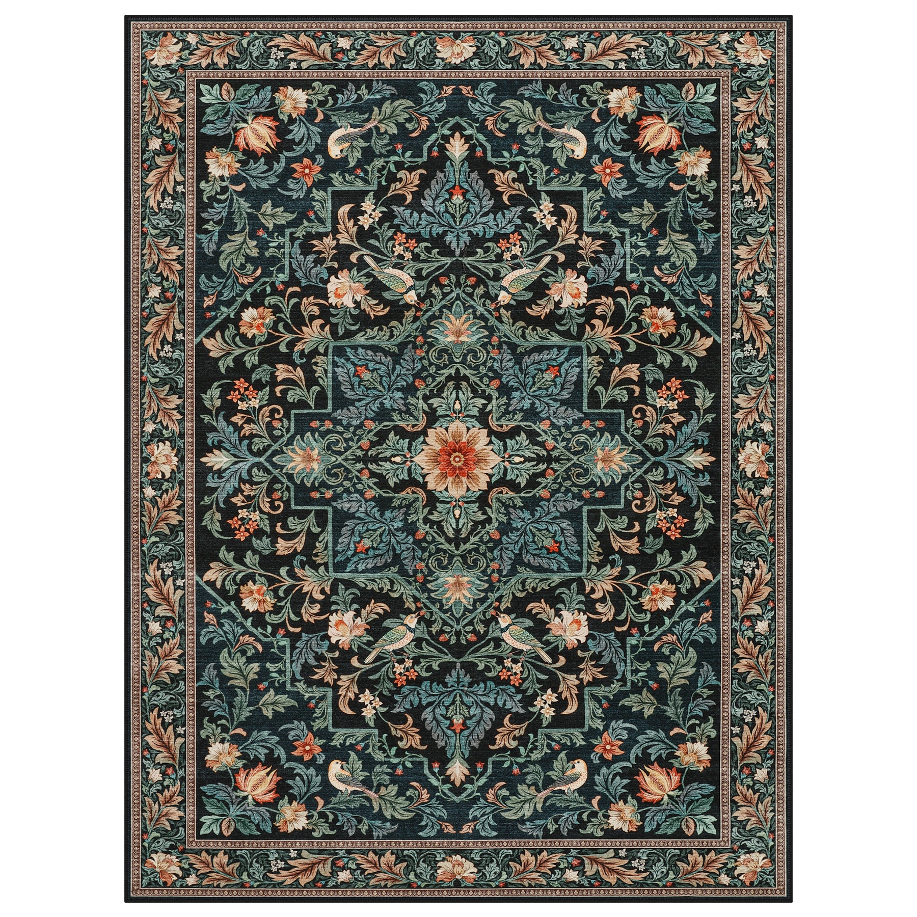 Floral Bird Area Rug, Machine Washable Boho Rug in Green & Blue, 5x7 / 8x10, Non-Slip Indoor Outdoor Living Room