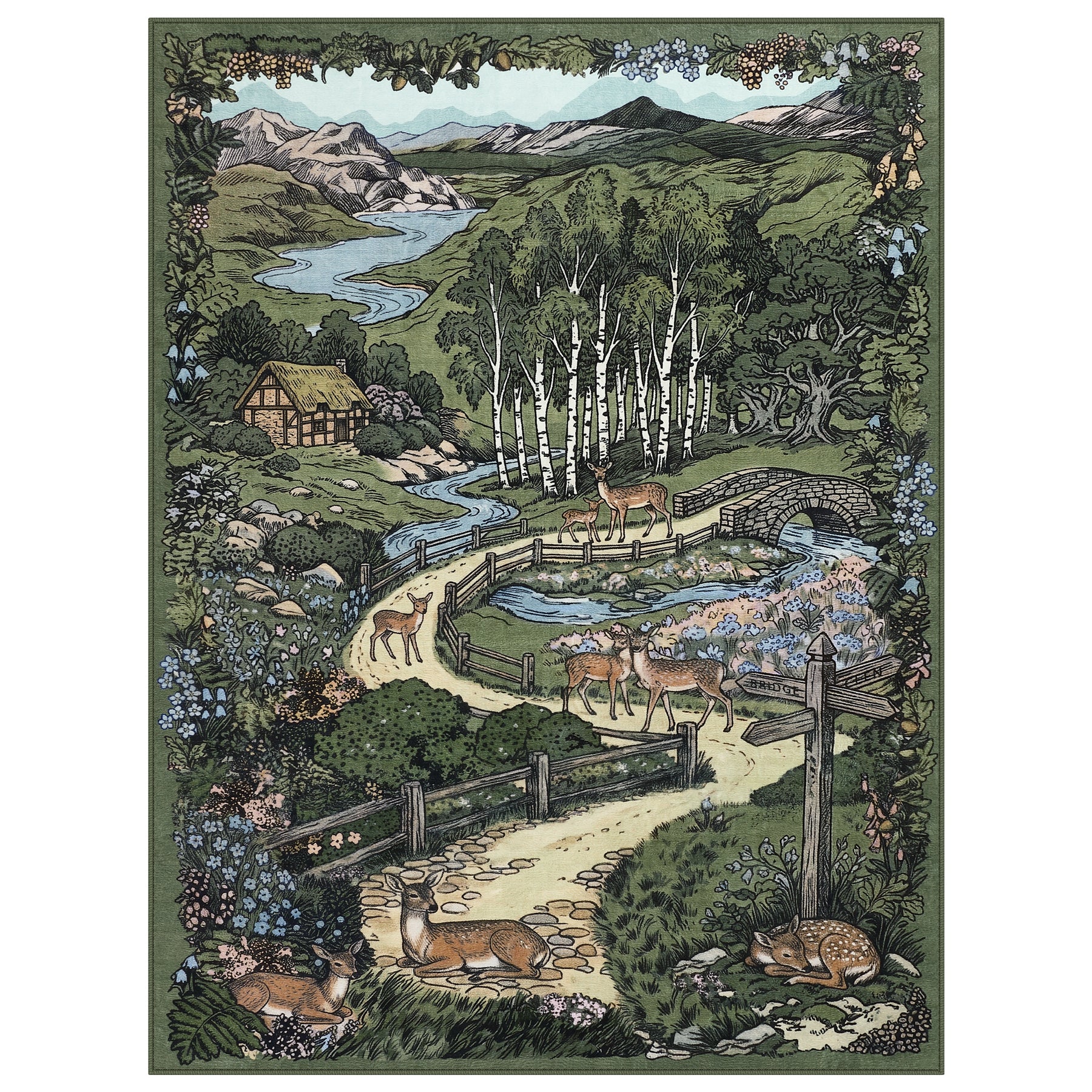 Washable Area Rug, Forest Deer Illustration Print, Non-Slip Soft Low-Pile, Living Room Animal Rug