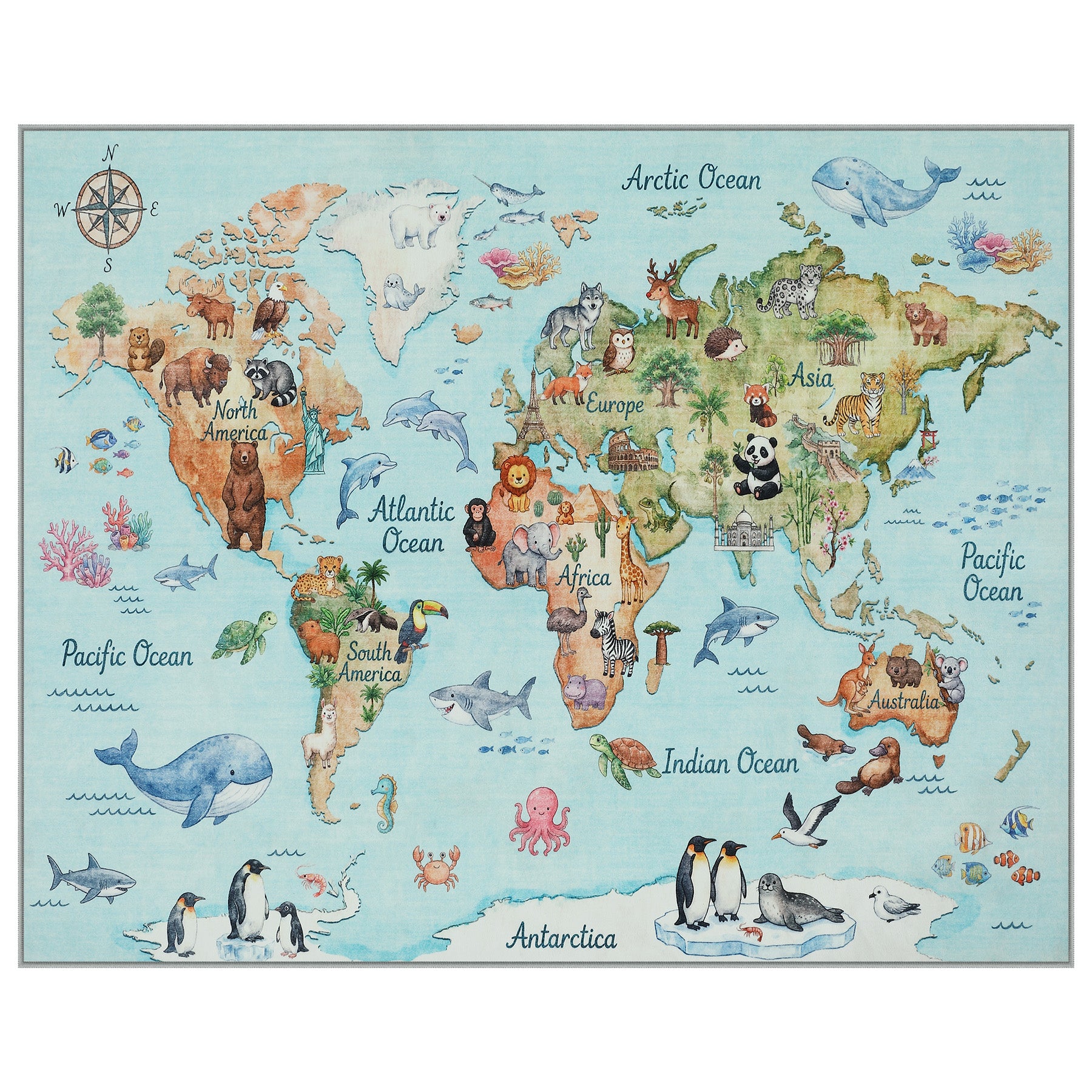 Kids Playroom Rug, Blue Washable World Map Rug – Soft Non-Slip Animal Ocean Play Mat