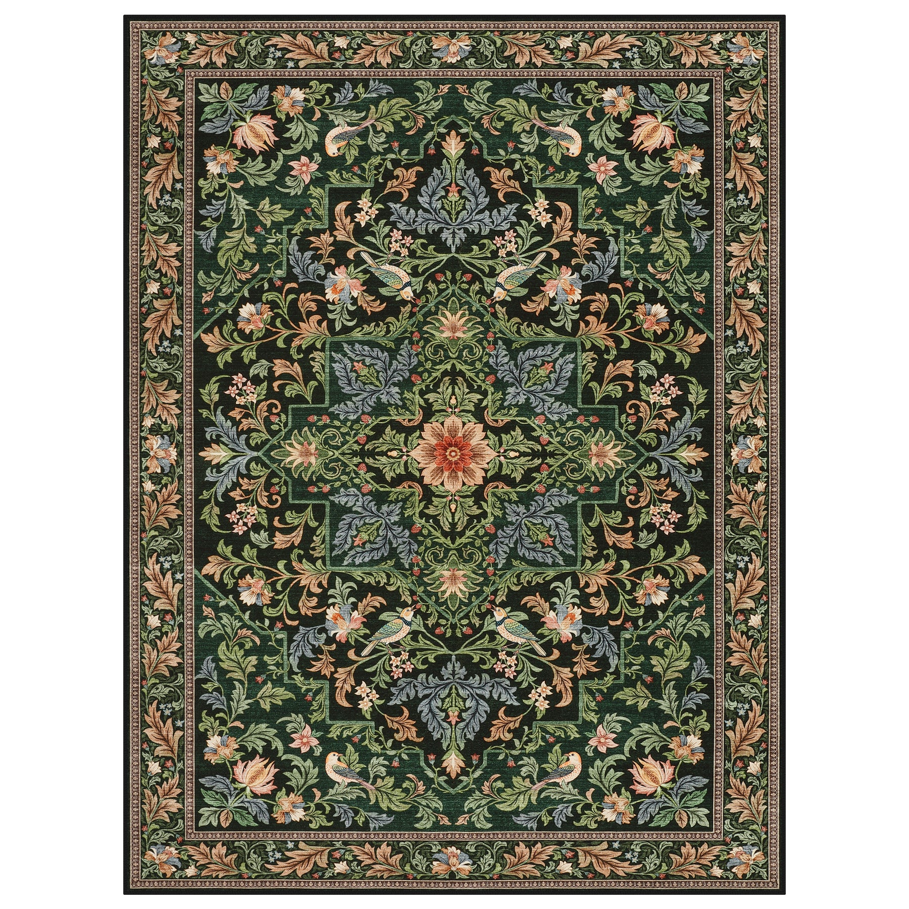 Floral Bird Area Rug, Machine Washable Boho Rug in Green & Blue, 5x7 / 8x10, Non-Slip Indoor Outdoor Living Room