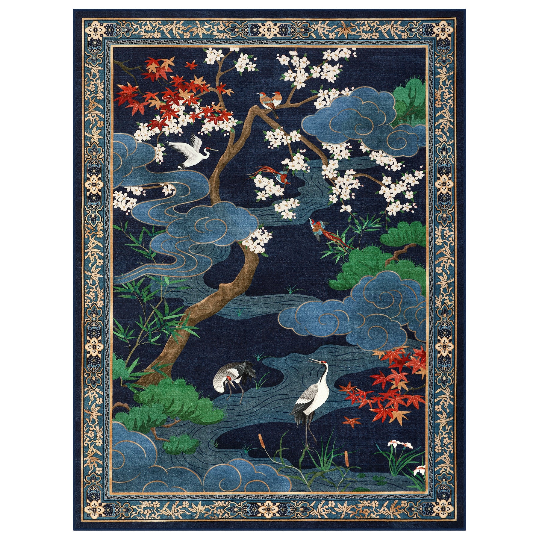 Floral Cherry Blossom Oriental Rug – Soft Non-Slip Washable Carpet for Living Room, Bedroom, Oeko-Tex Certified