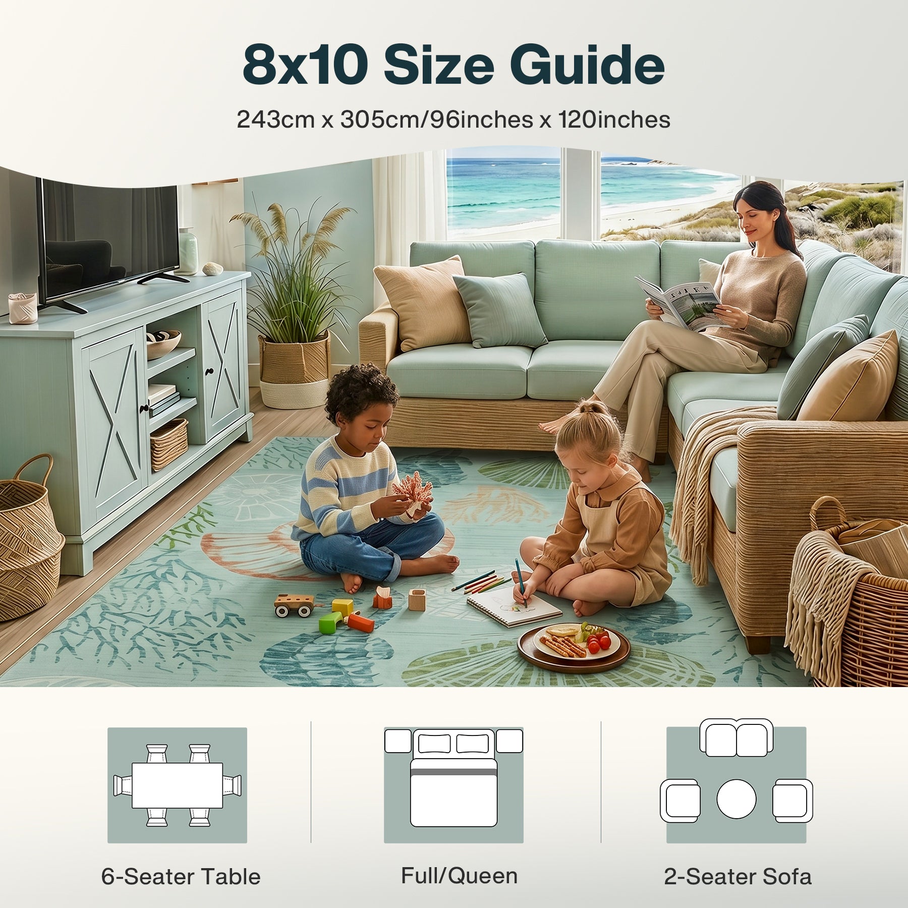 2x6/5x7/8x10 Boho Coastal Area Rug, Washable Non Slip Animal Indoor Carpet for Living room Bedroom, Oeko-Tex Certified
