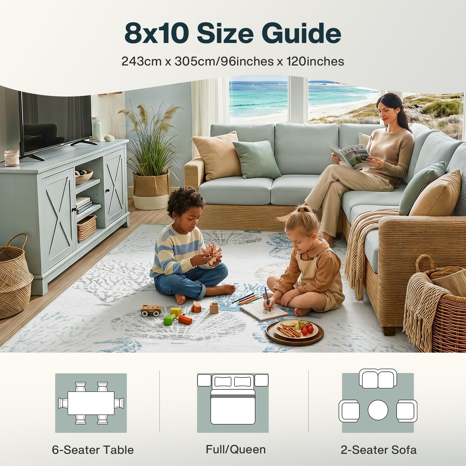 2x6/5x7/8x10 Boho Coastal Area Rug, Washable Non Slip Animal Indoor Carpet for Living room Bedroom, Oeko-Tex Certified