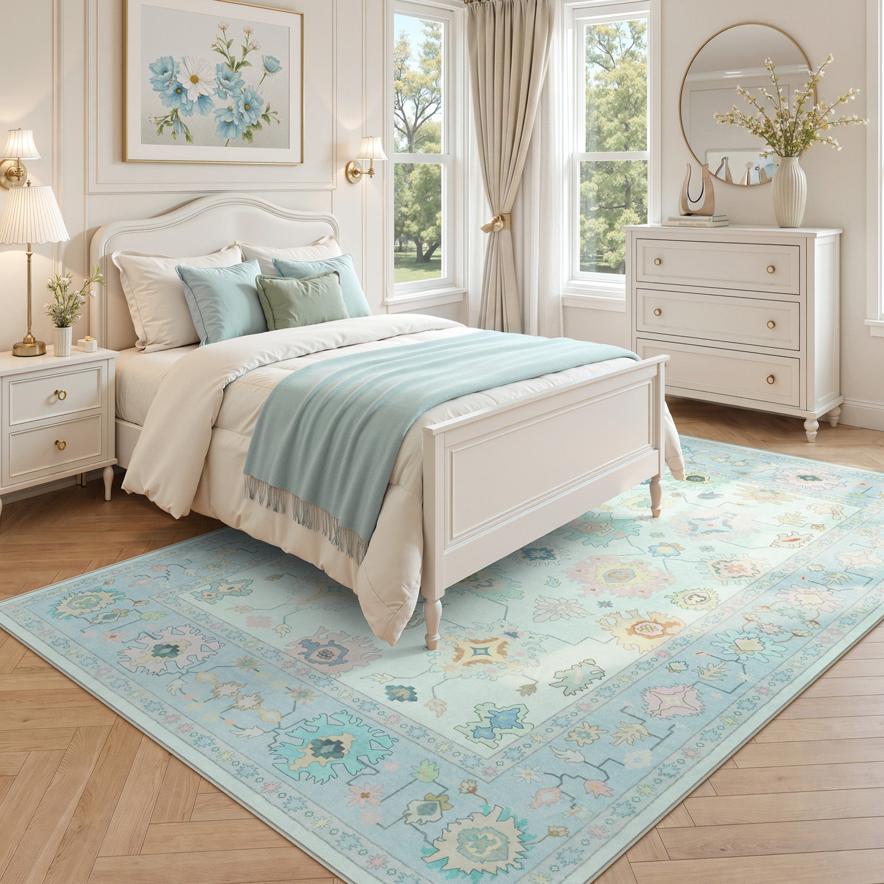 5x7/8x10/9x12 Boho Oushak Area Rug, Colorful Washable Non-Slip Indoor Carpet Oriental Floral, Oeko-Tex Certified