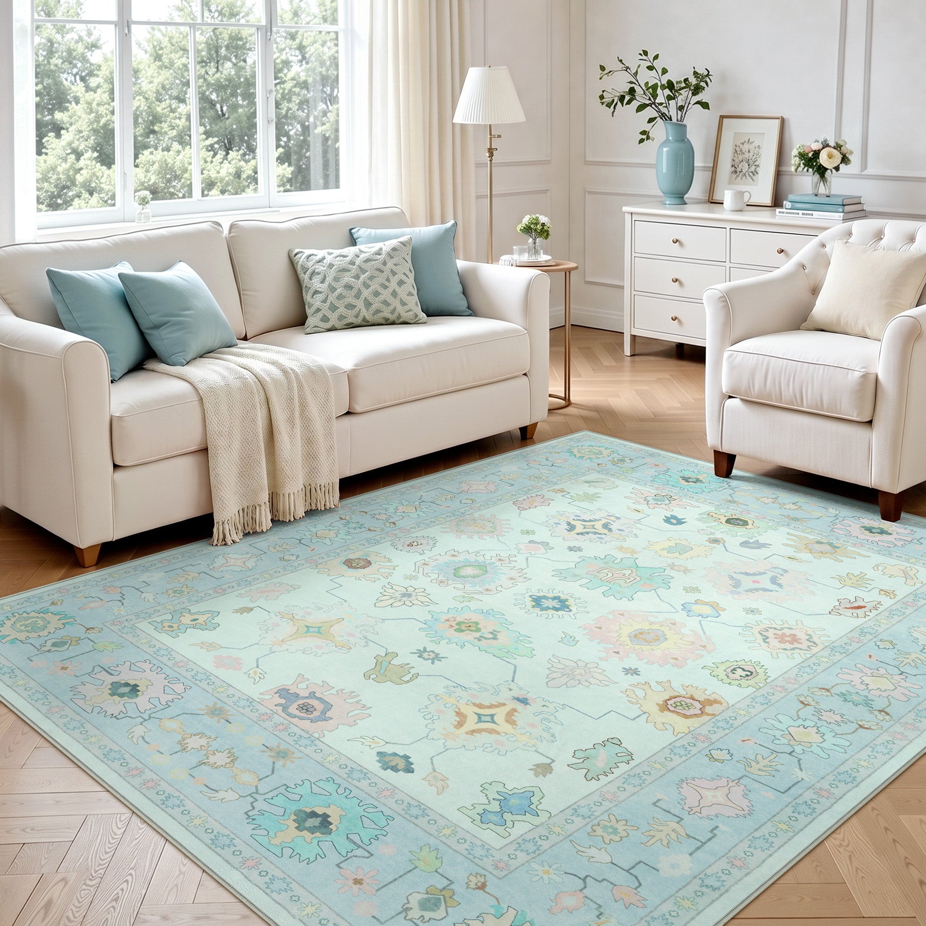 5x7/8x10/9x12 Boho Oushak Area Rug, Colorful Washable Non-Slip Indoor Carpet Oriental Floral, Oeko-Tex Certified