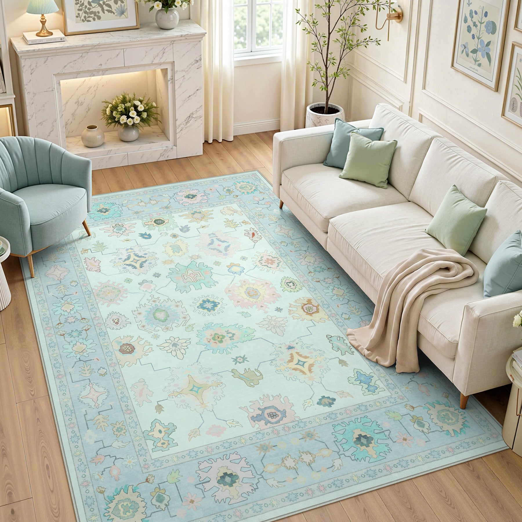 5x7/8x10/9x12 Boho Oushak Area Rug, Colorful Washable Non-Slip Indoor Carpet Oriental Floral, Oeko-Tex Certified
