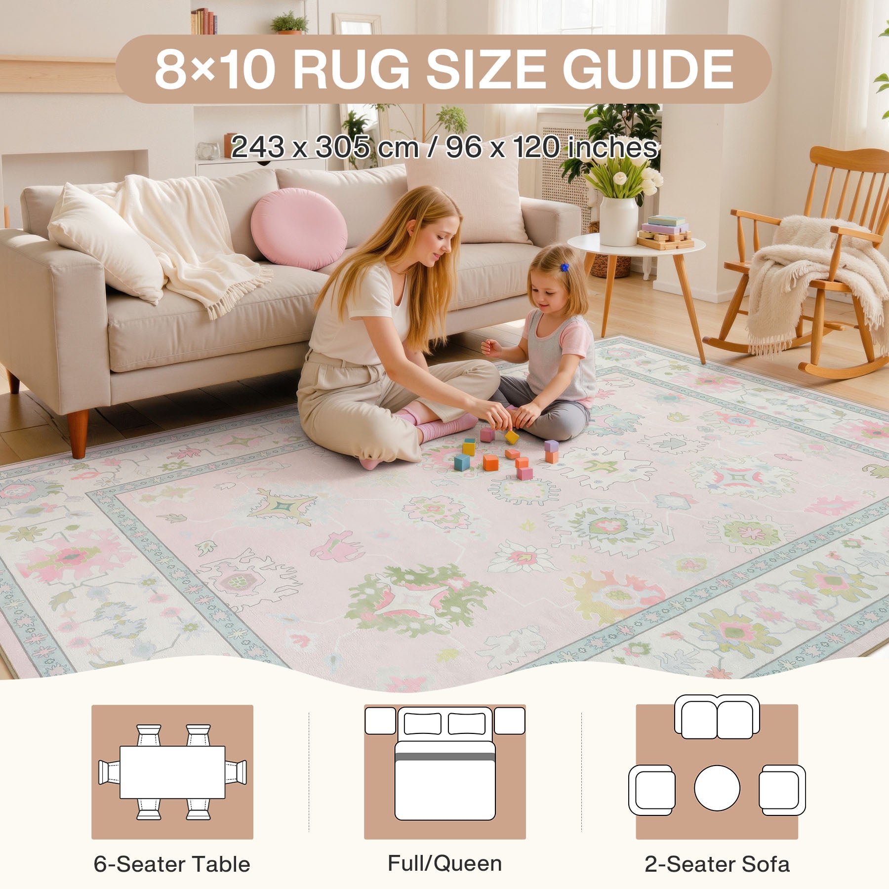 5x7/8x10/9x12 Boho Oushak Area Rug, Colorful Washable Non-Slip Indoor Carpet Oriental Floral, Oeko-Tex Certified