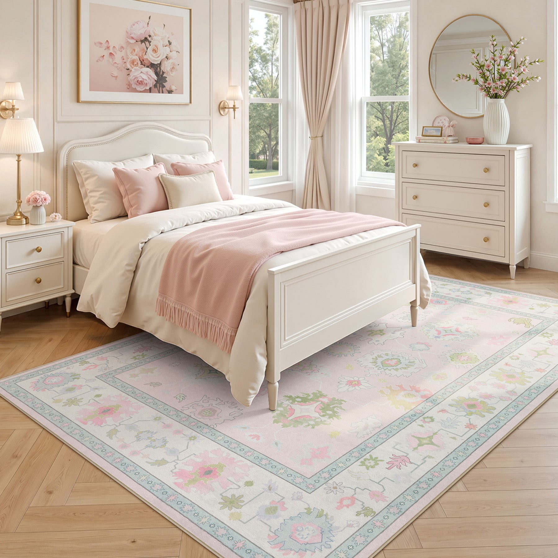 5x7/8x10/9x12 Boho Oushak Area Rug, Colorful Washable Non-Slip Indoor Carpet Oriental Floral, Oeko-Tex Certified
